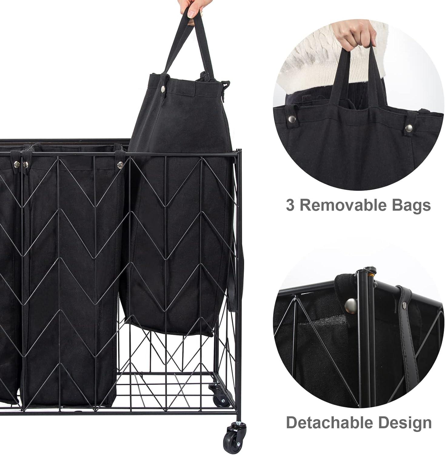 Black Laundry Basket with Wheels - 142L Capacity, 3 Section with Lid, Removable Bags