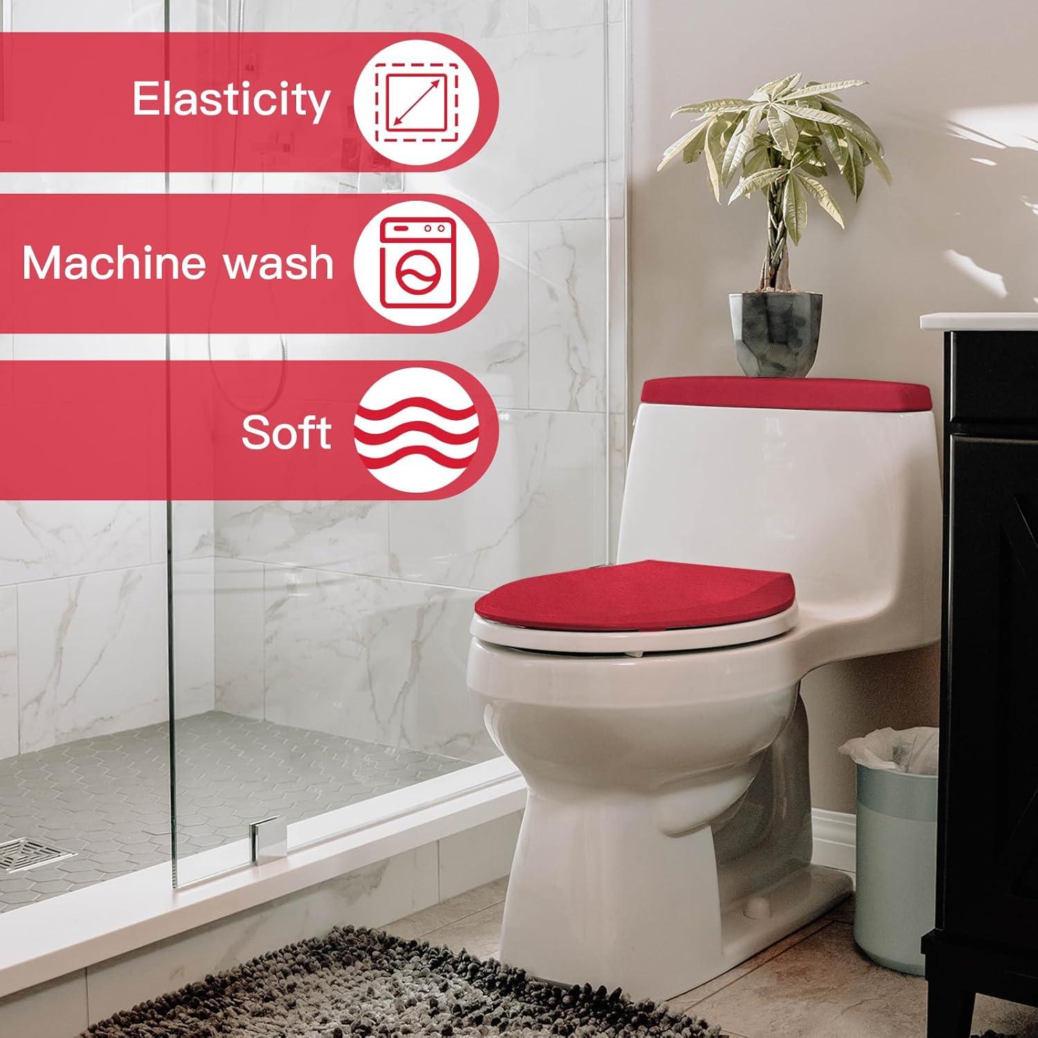 Red Bathroom Toilet Lid Seat Cover Set,Polyester Fibre Toilet Lid Cover,Elastic Bottom Cover Set,Toilet Tank Lid Cover,Machine Wash Set
