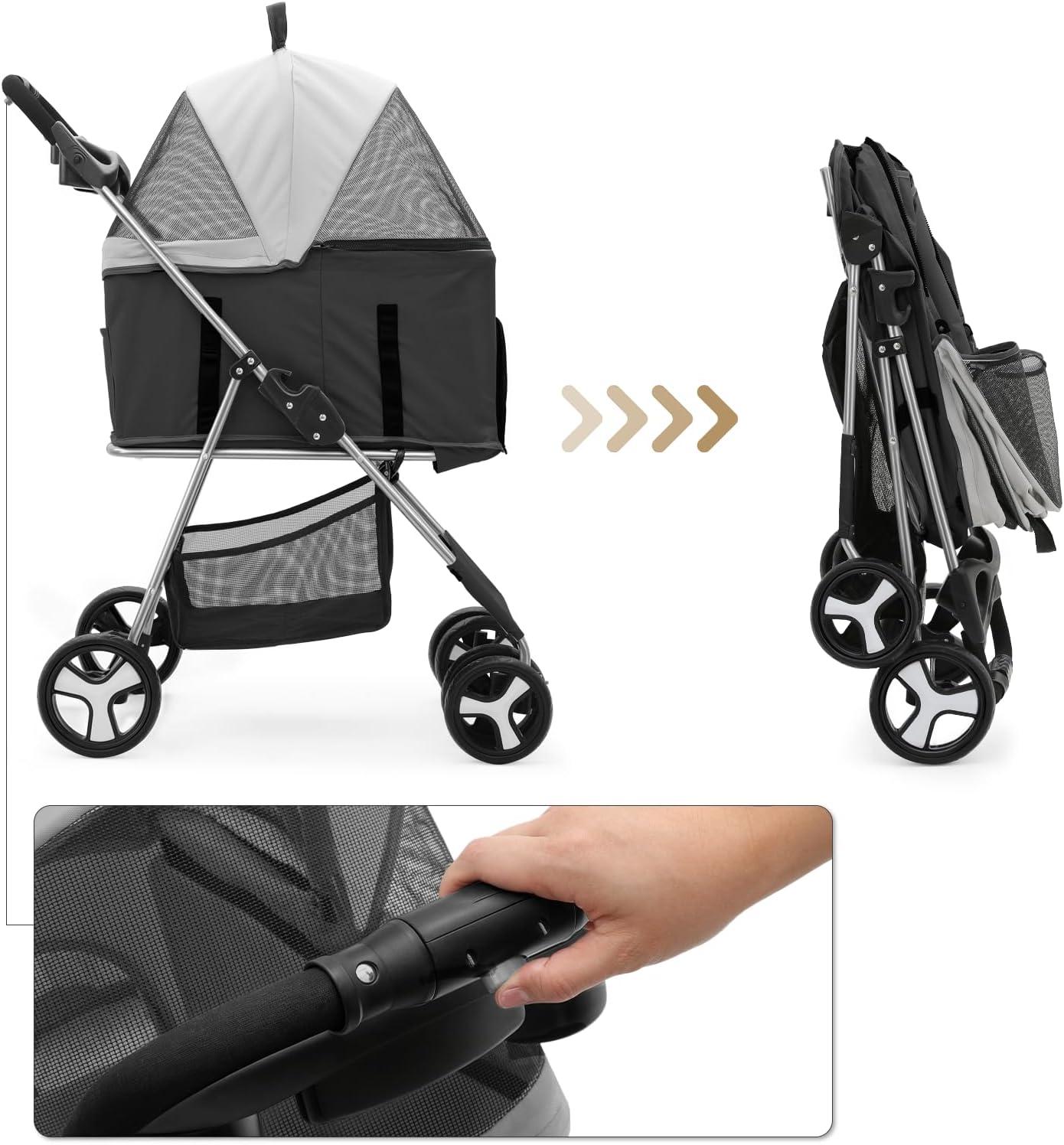 MoNiBloom Folding Pet Stroller, Foldable Dog Jogger Stroller with Detachable Carrier, Basket and Cup Holder