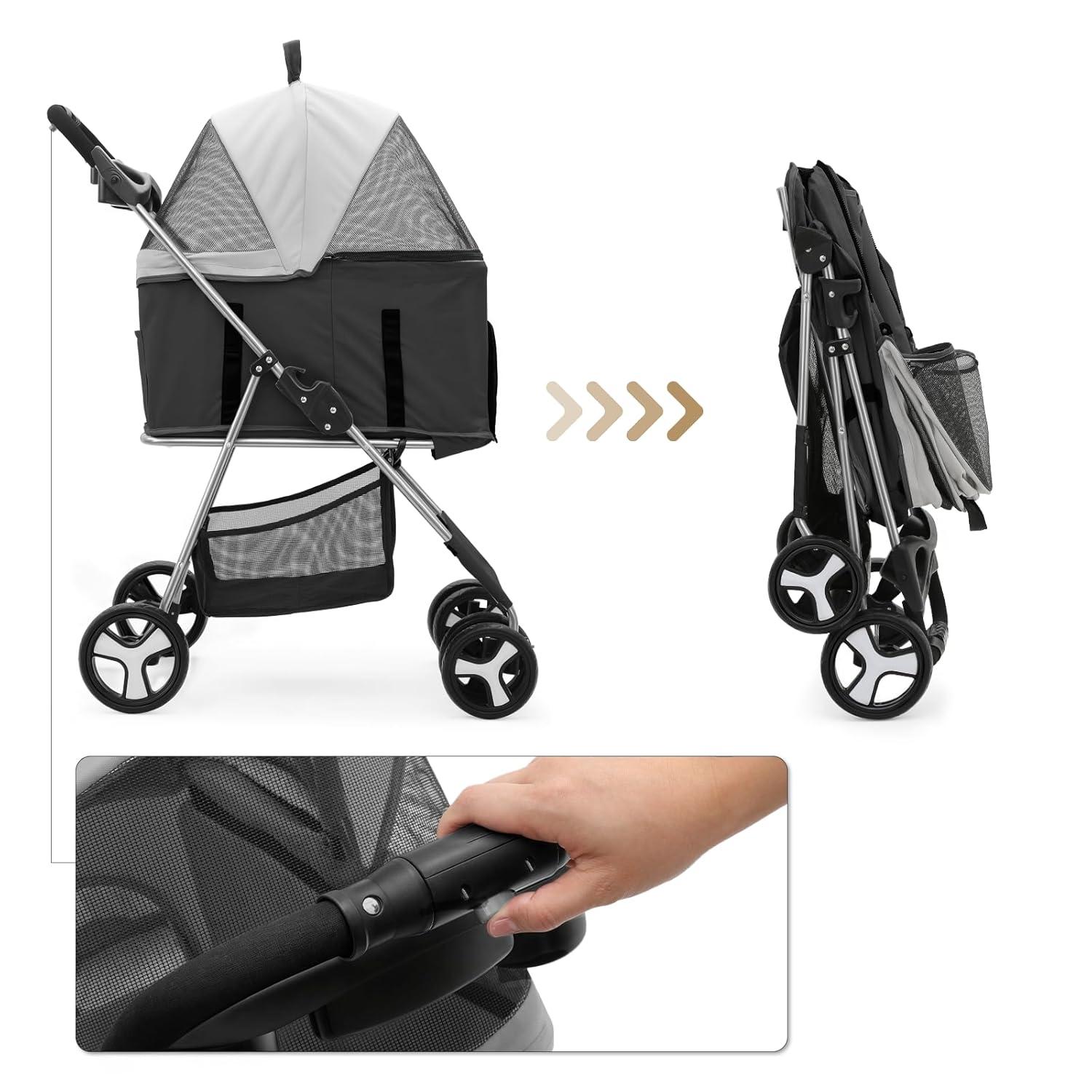 MoNiBloom Folding Pet Stroller, Foldable Dog Jogger Stroller with Detachable Carrier, Basket and Cup Holder