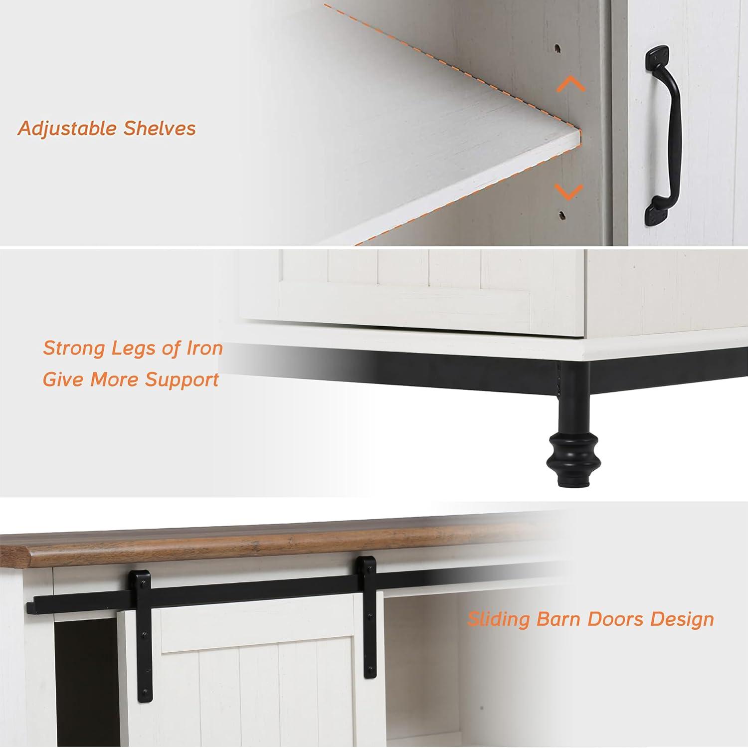 WAMPAT Farmhouse Coffee Bar Cabinet with Sliding Barn Door, Wood Sideboard Buffet Cabinet with Adjustable Shelf & Metal Leg, Kitchen Cabinet for Dining Room, Living Room, White, 35 Inch