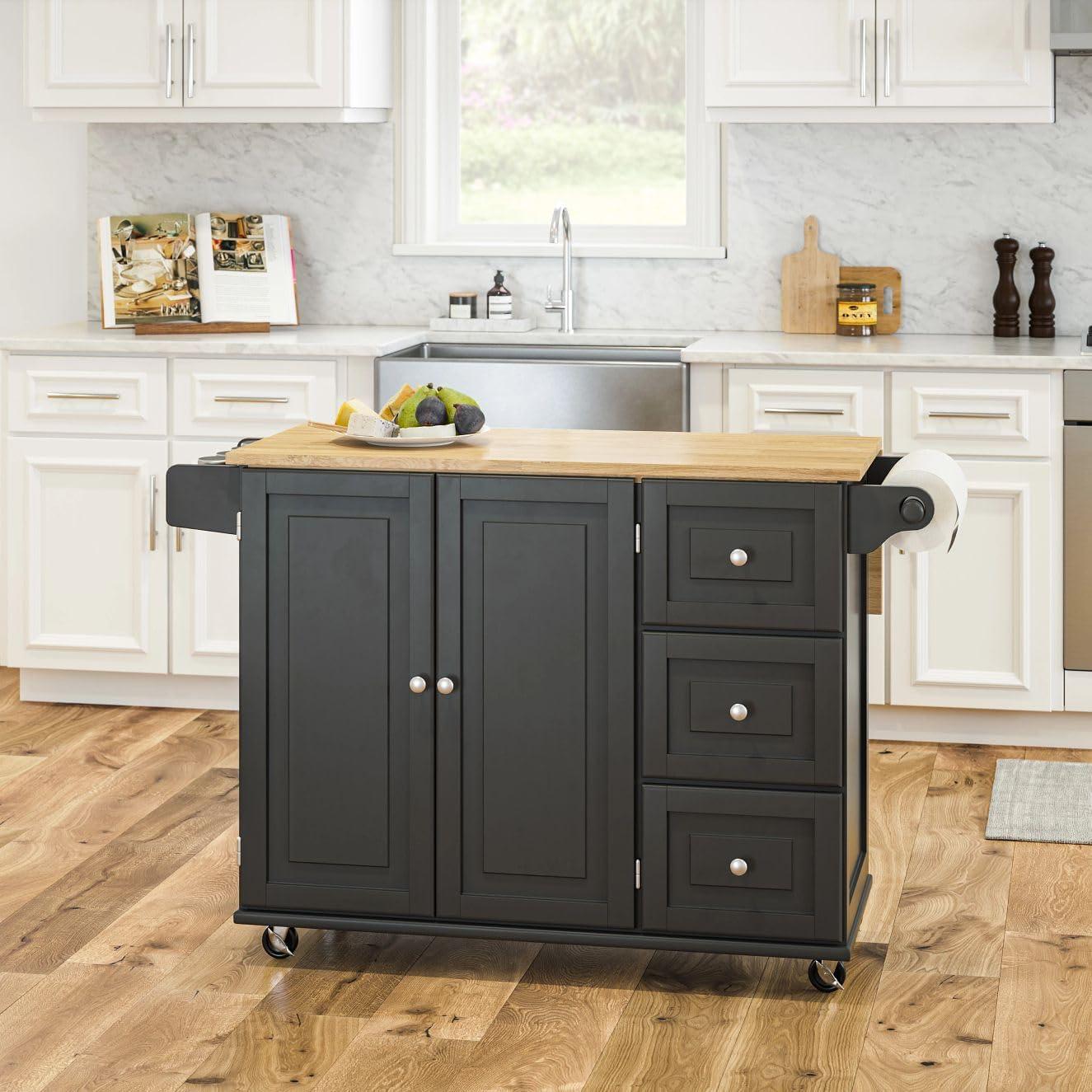 Black Wood Kitchen Cart with Drop Leaf and Storage