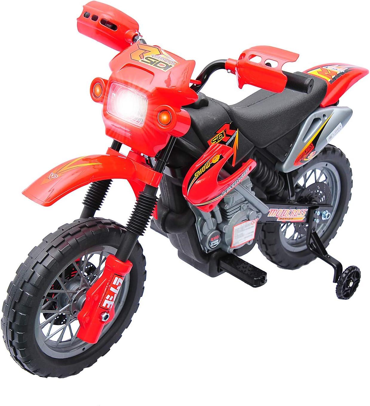 Aosom 6V Kids Motorcycle Dirt Bike, Electric Ride on Toy, Off-road Street Bike with Training Wheels Music Lights, for 5-8 Years, Red