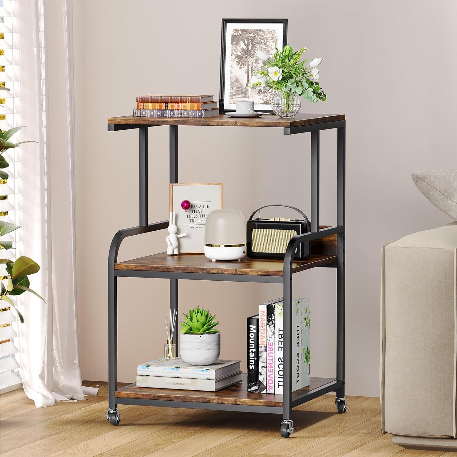 EasyCom 20''x15.7''Large Printer Stand-3 Tier Printer Table with Wheels- Printer Storage Cart- Rolling Printer Cart with Storage Shelf for Printer Scanner Fax Home Office Use- Rustic Brown