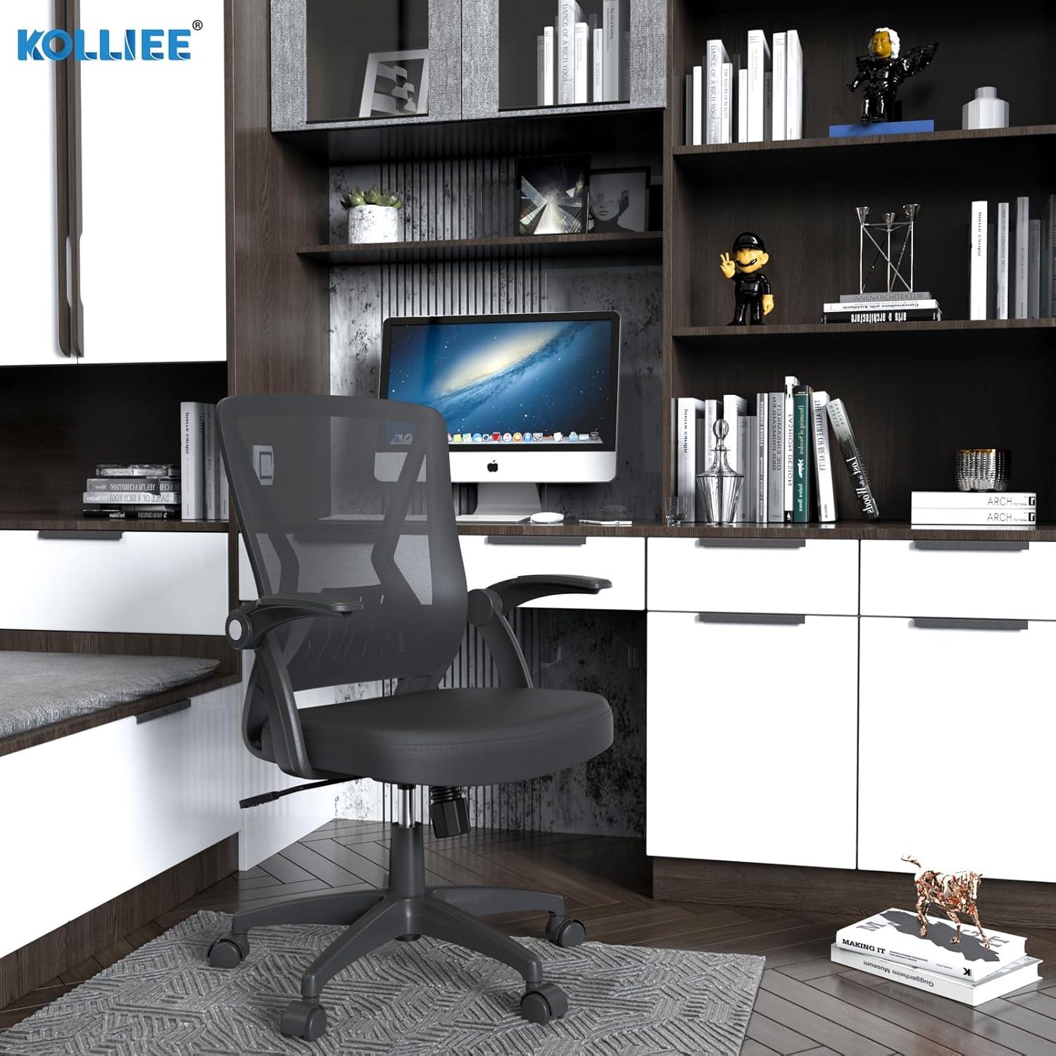 KOLLIEE Mid Back Mesh Office Chair Ergonomic Swivel Black Mesh Computer Chair Flip Up Arms with Lumbar Support Adjustable Height Task Chair