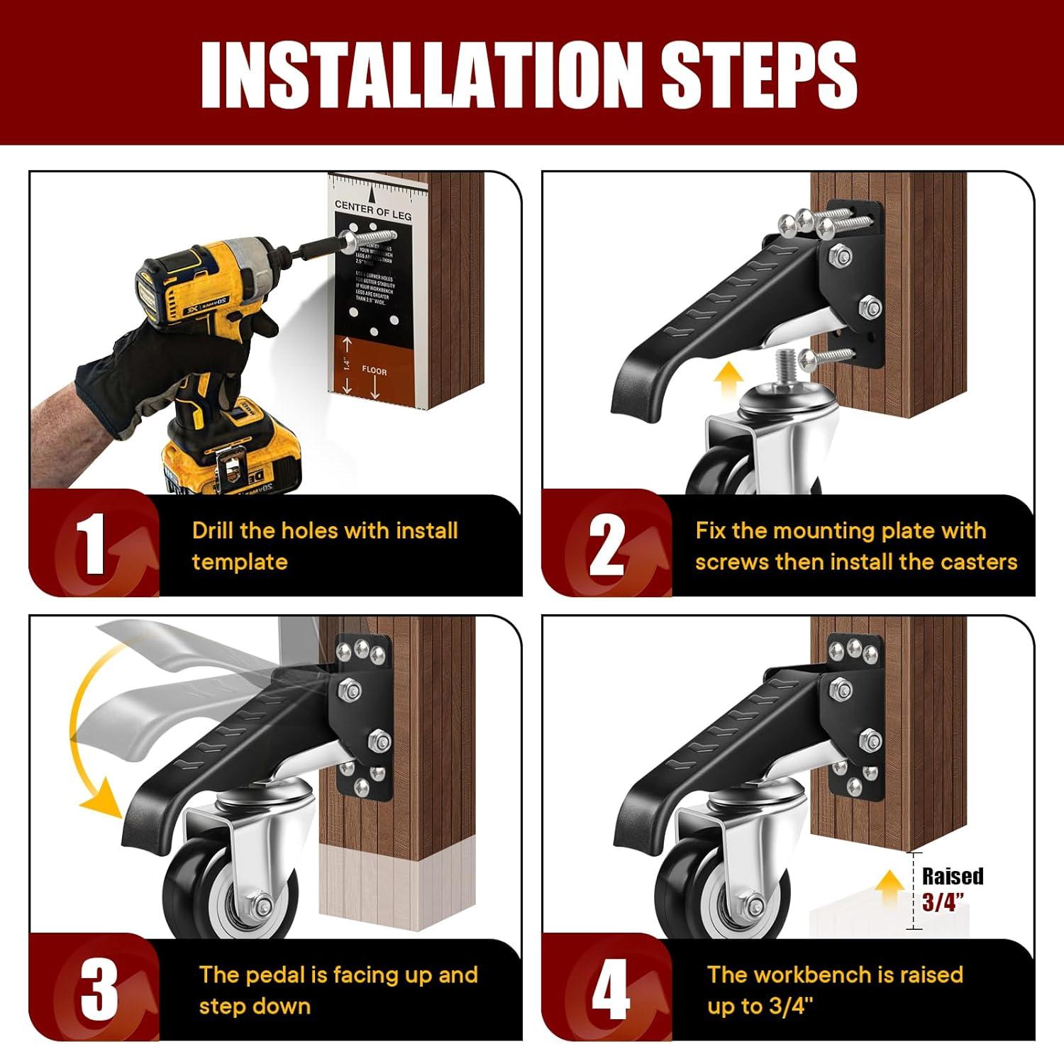 Heavy Duty Black Steel Retractable Workbench Casters Kit