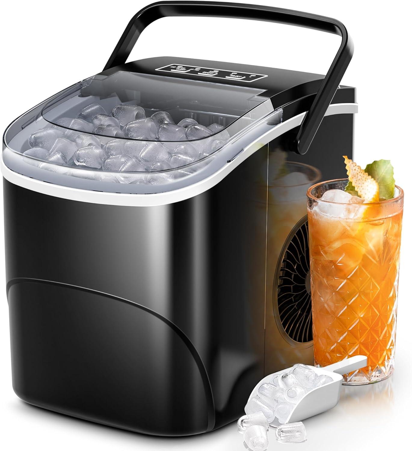 KISSAIR Countertop Ice Maker, Portable Ice Machine with Self-Cleaning, 26Lbs/24H, 9 Ice Cubes Ready in 6 Mins, for Home/Kitchen/Bar, Black