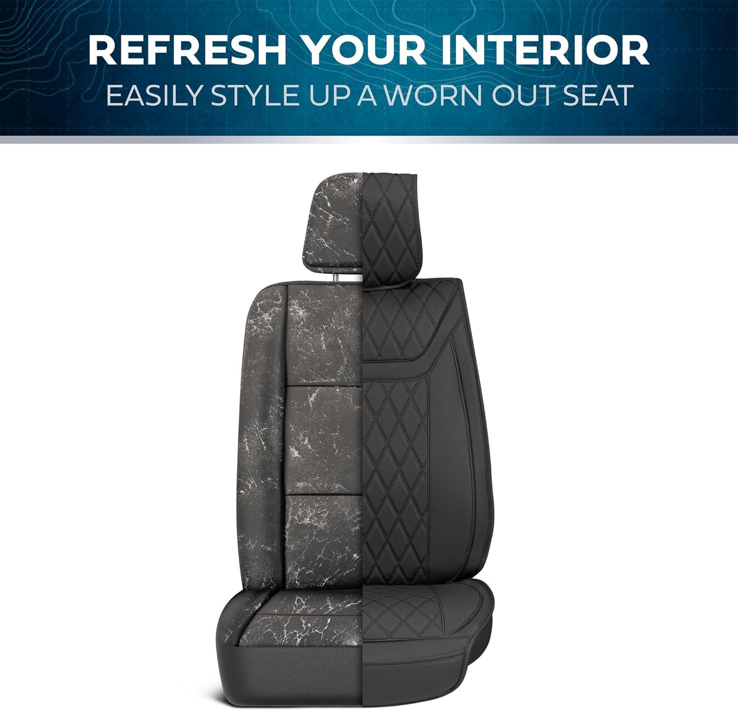 MotorBox Car Seat Covers Ranch Leatherette Faux Leather Black Seat Covers for Car Diamond Stitched Cushioned Seat Protectors for Automotive Accessories, Trucks, SUV, Car Full Set