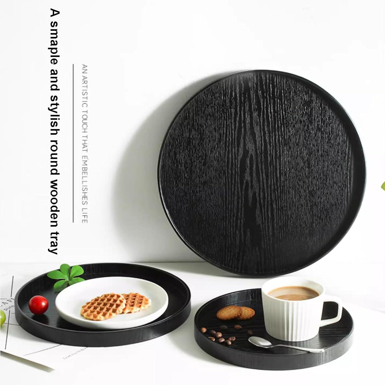 Tea Tray,Round Solid Wood Serving Tray Large Tea Coffee Snack Food Meals Serving Plate Non-Slip Kitchen Party Bar Server Breakfast Tray with Raised Edges [30cm]