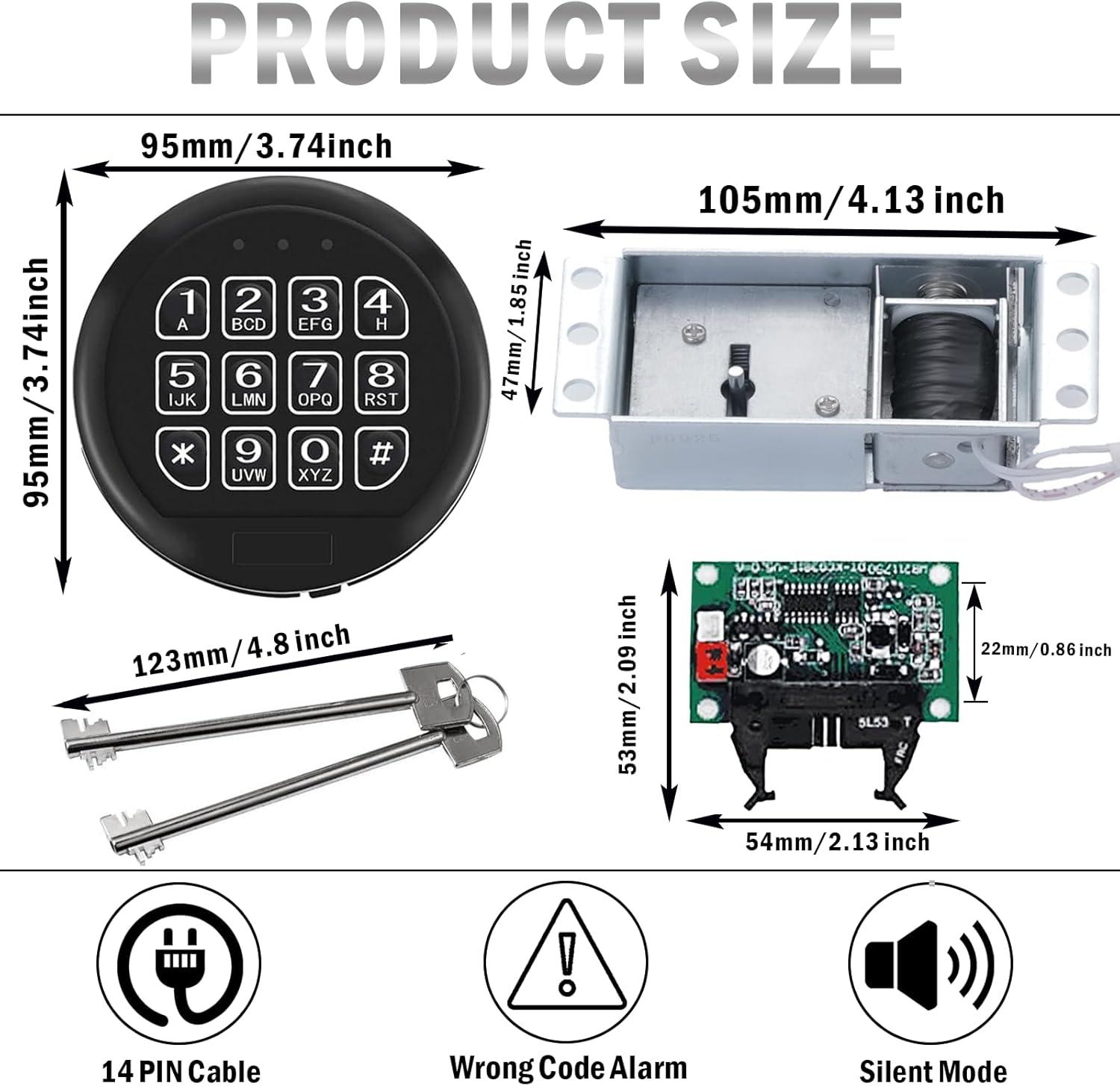 WAH LIN PARTS Gun Safe Lock Replacement Chrome Keypad DIY Safe Electronic Lock with Solenoid 2 Override Keys, Fireproof Electronic Box Lock