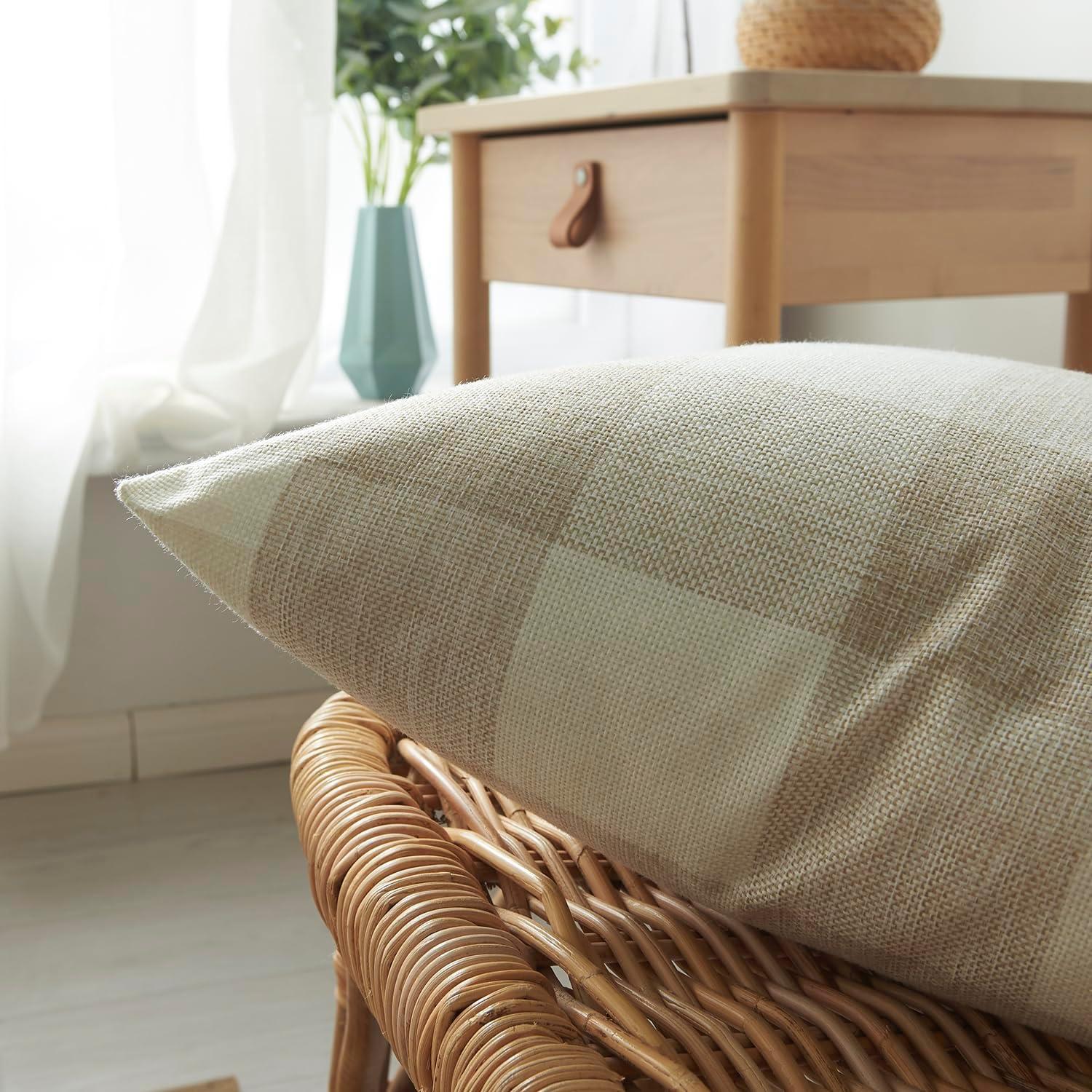 Jiuhong Cotton Linen Throw Pillow Covers Farmhouse Decor Checkers Plaids Square Cushion Case Home Decorative for Sofa Bedroom Car, 2 Pack (Beige, 18 x 18 Inch)