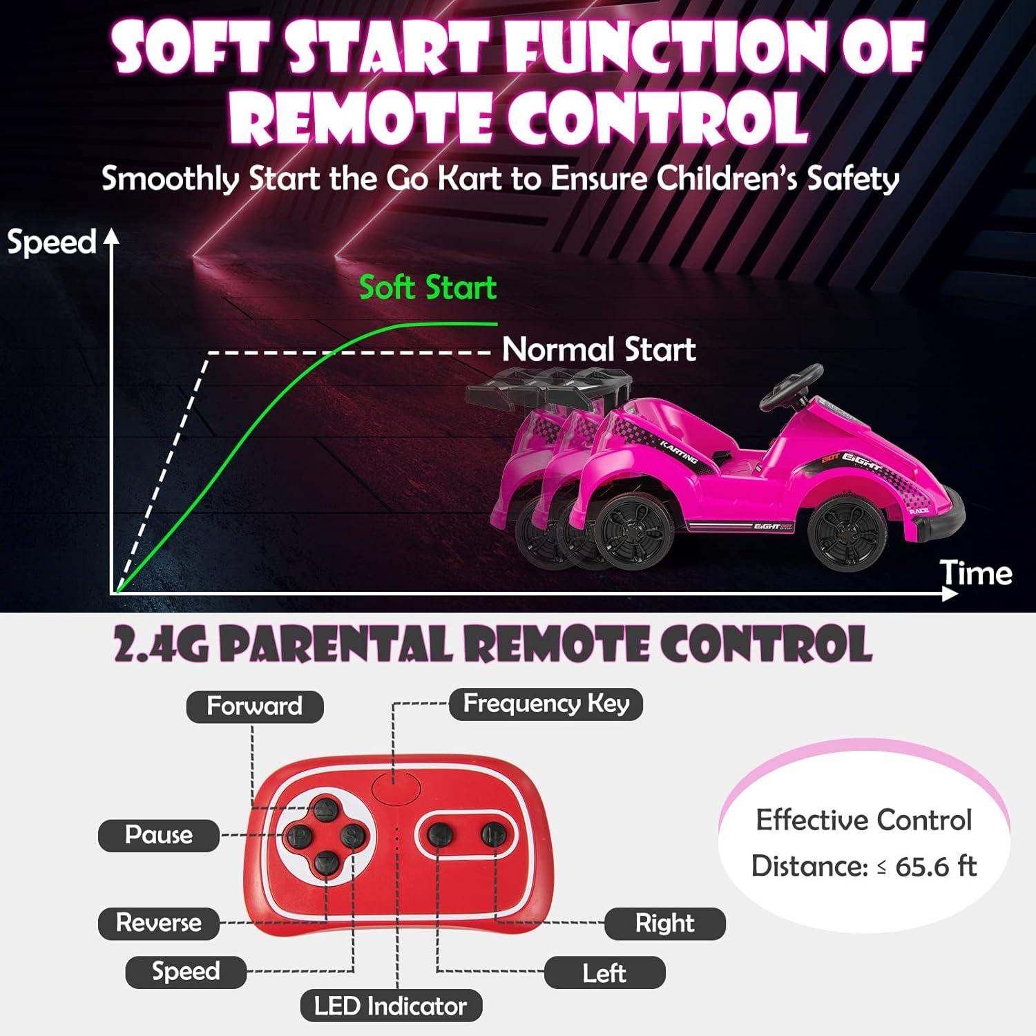 Costway 6V Electric Go Kart for Kids Electric Ride On Car w/ 2.4G Remote Control w/Soft Start Sound and Music Function Pink
