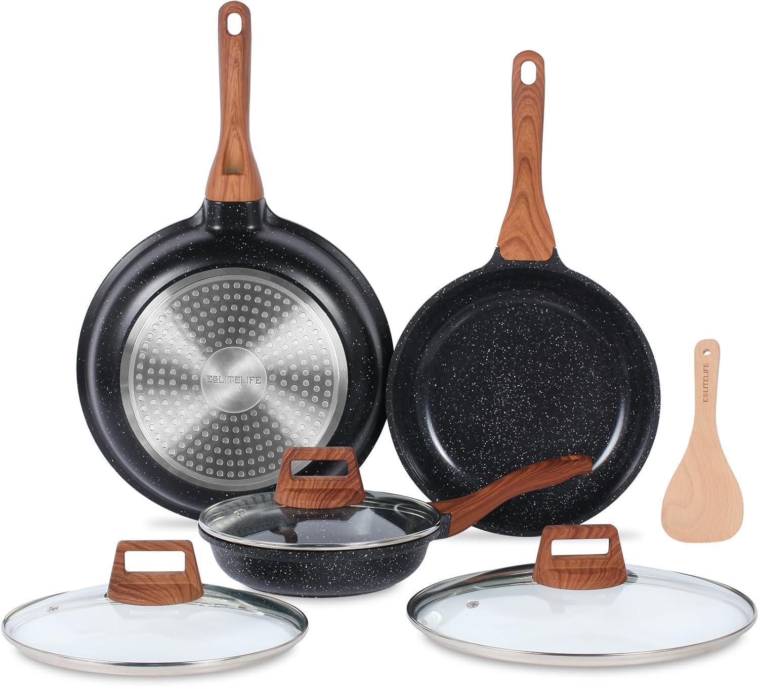 Black Nonstick Ceramic Coated Cast Iron Frying Pan Set with Lids