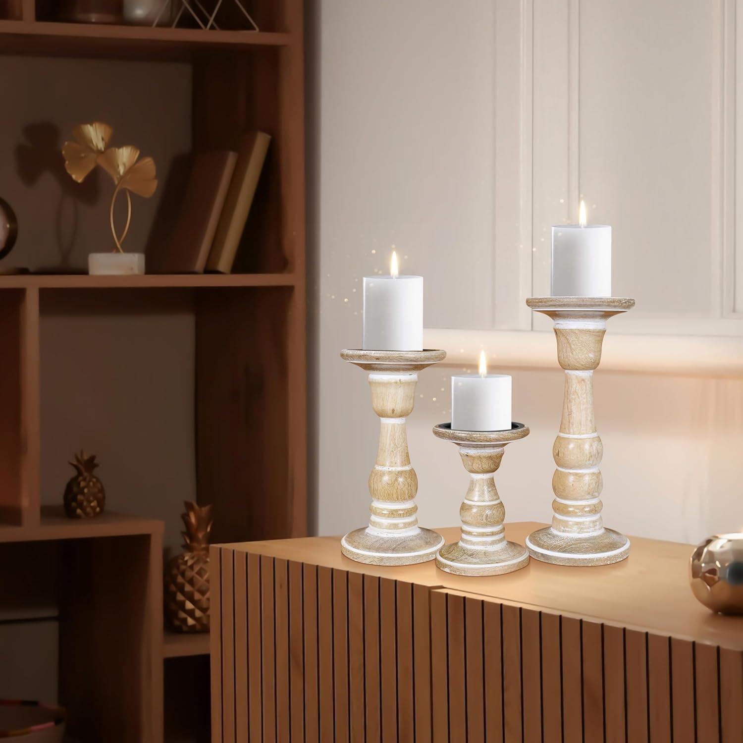 DecMode Traditional and Timeless Mango Wood Pillar Candle Holder Set of 3, 6", 8", 10"H, Cream Finish