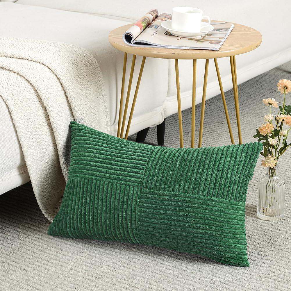 Boho Sage Green Striped Corduroy Pillow Covers - Set of 2 | Farmhouse Rectangle Cushion Cases for Sofa Couch Bed | Soft Decorative Throw Pillowcases - 12x20 Inch Home Decor