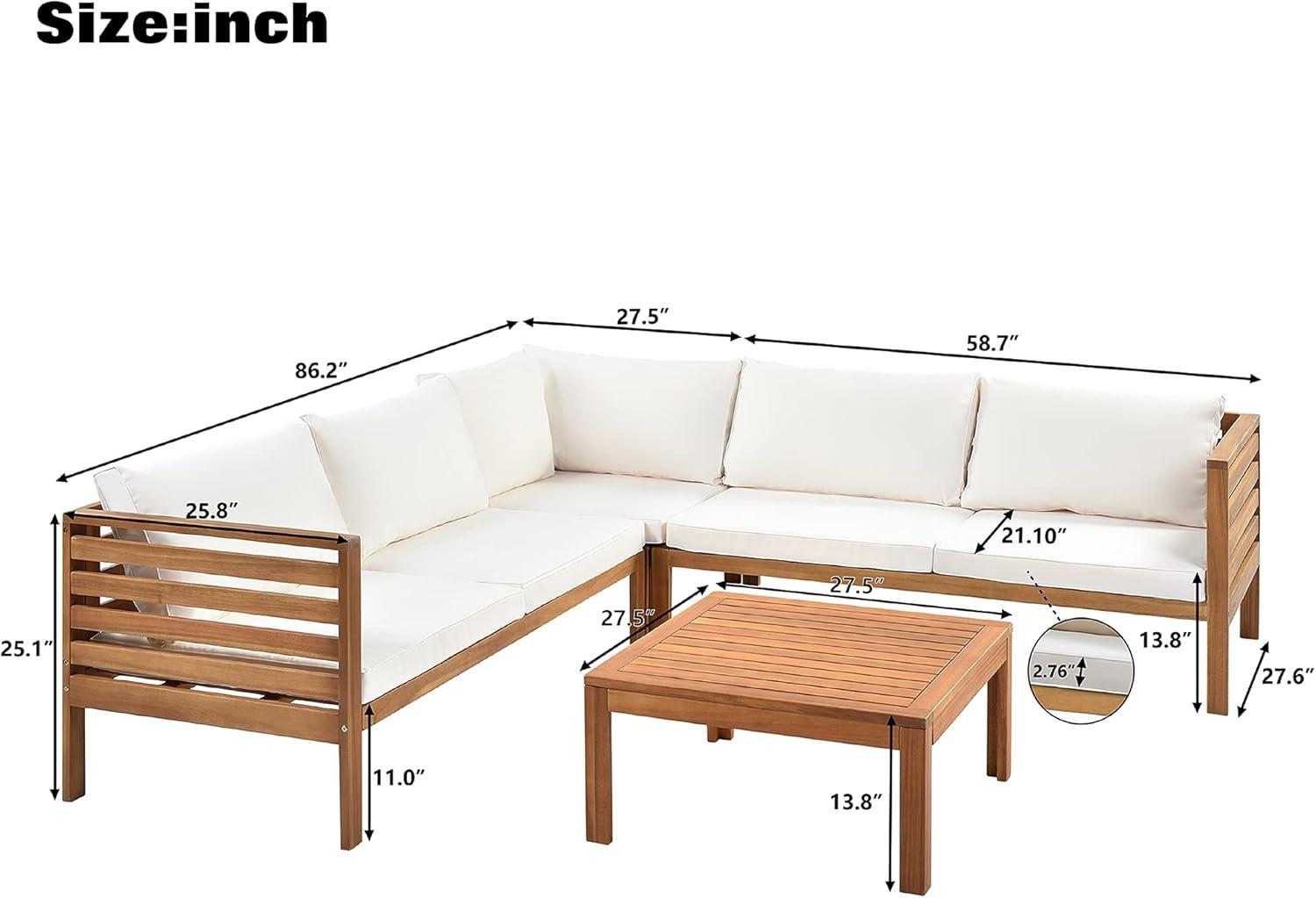 4 Piece Outdoor Patio Furniture Set, Acacia Wood Sectional Sofa w/Seat Beige Cushions, Patio Sectional Conversation Seat with Coffee Table and Strong Metal Accessories