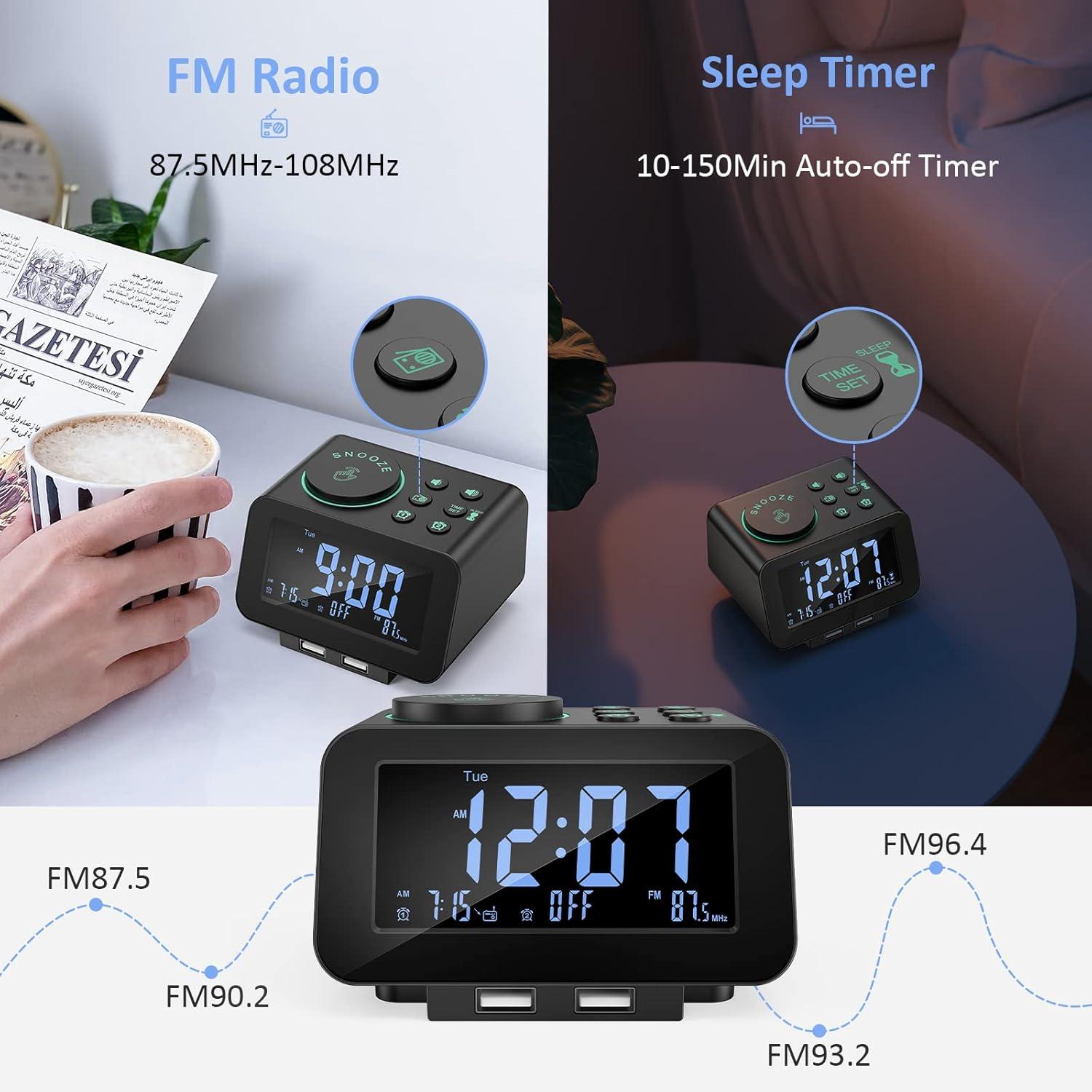 Black Digital Alarm Clock with USB Ports and FM Radio