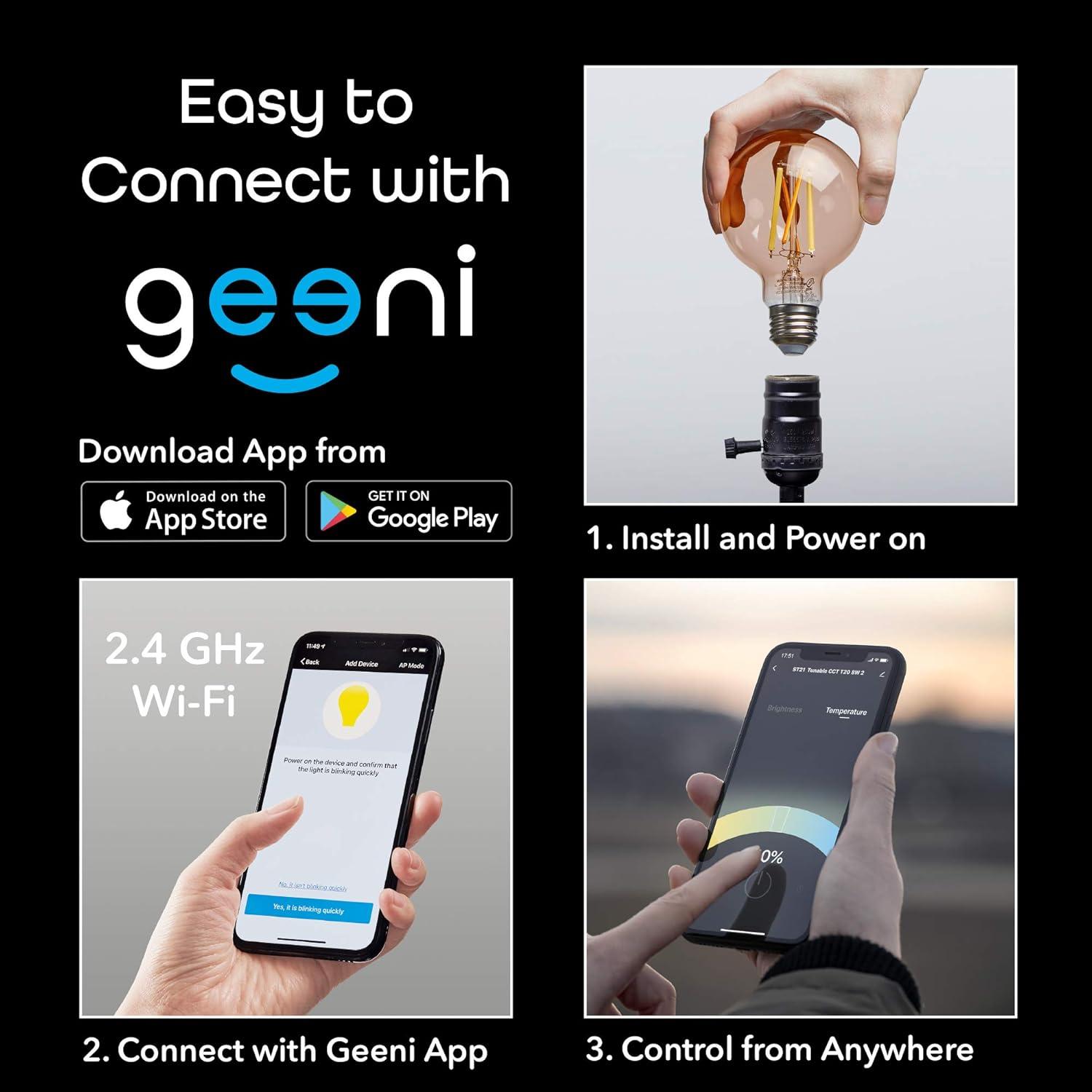 Geeni LUX Amber G25/E26 Edison WiFi LED Smart Bulb, Dimmable, Tunable White Light, 2-Pack