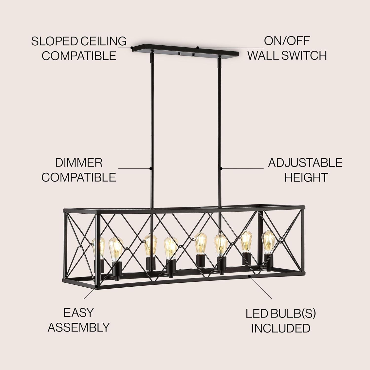 JONATHAN Y Galax 39" 8-Light Adjustable Iron Farmhouse Industrial LED Dimmable Pendant, Oil Rubbed Bronze