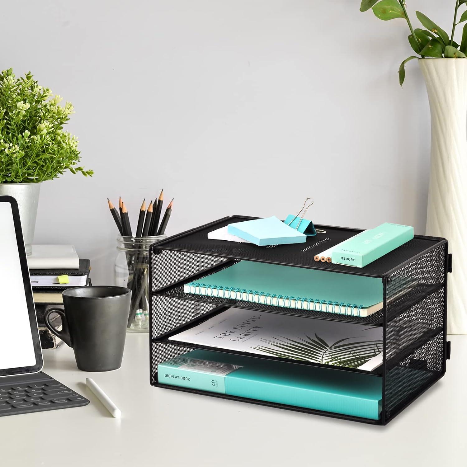 EASEPRES Paper Organizer Tray, 3 Tier Mesh Desk File Organizer Letter Sorter Holder for Home Office, Black