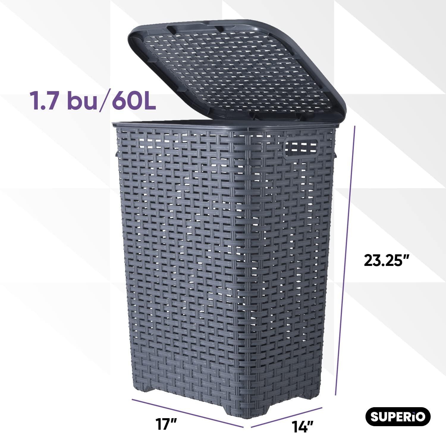 Laundry Basket, Laundry Hamper with Lid, Large 60-liter Wicker Style Hamper with Cutout Handle, to Storage Dirty Clothes in Washroom, Bathroom, Bedroom, or Dorm Room, Grey Color. By Superio