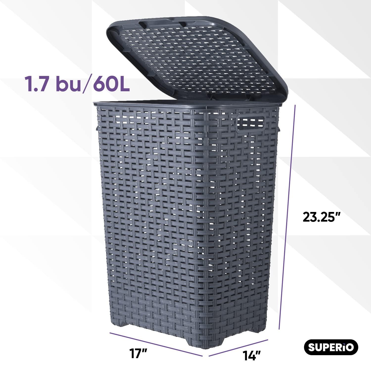 Laundry Basket, Laundry Hamper with Lid, Large 60-liter Wicker Style Hamper with Cutout Handle, to Storage Dirty Clothes in Washroom, Bathroom, Bedroom, or Dorm Room, Grey Color. By Superio