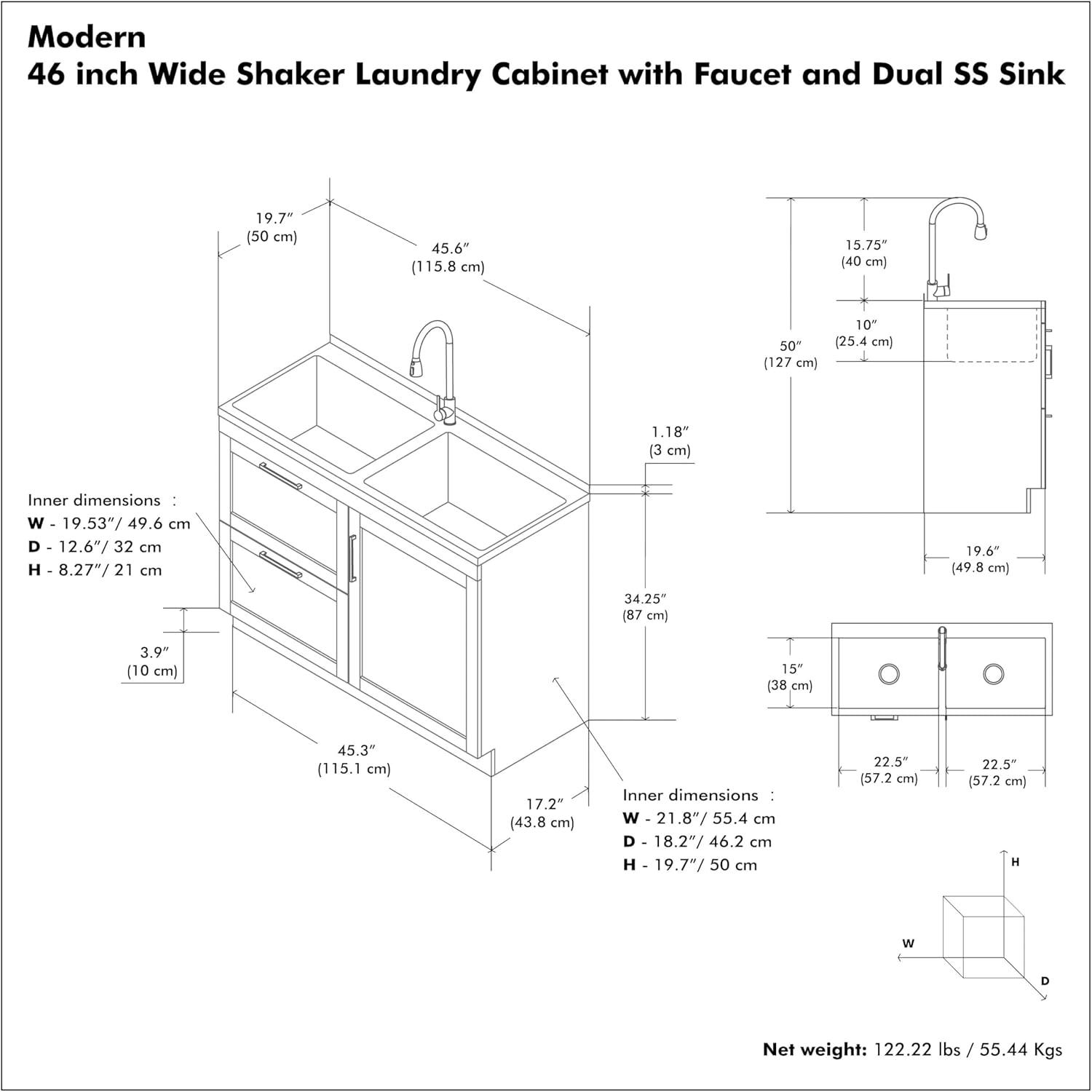 Modern Wide Shaker 46"W Utility Sink & Laundry Cabinet with High-Arc Facet and Stainless Steel Sink, White