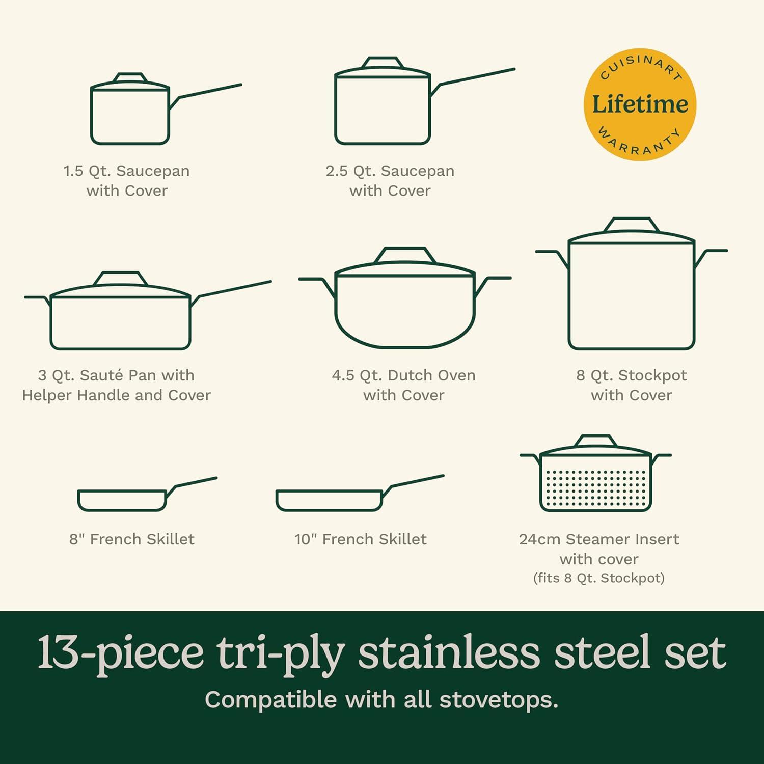 Cuisinart French Classic 13pc Stainless Steel Tri-Ply Cookware Set - FCT-13: Kitchen Pan Set, Gas & Electric Compatible