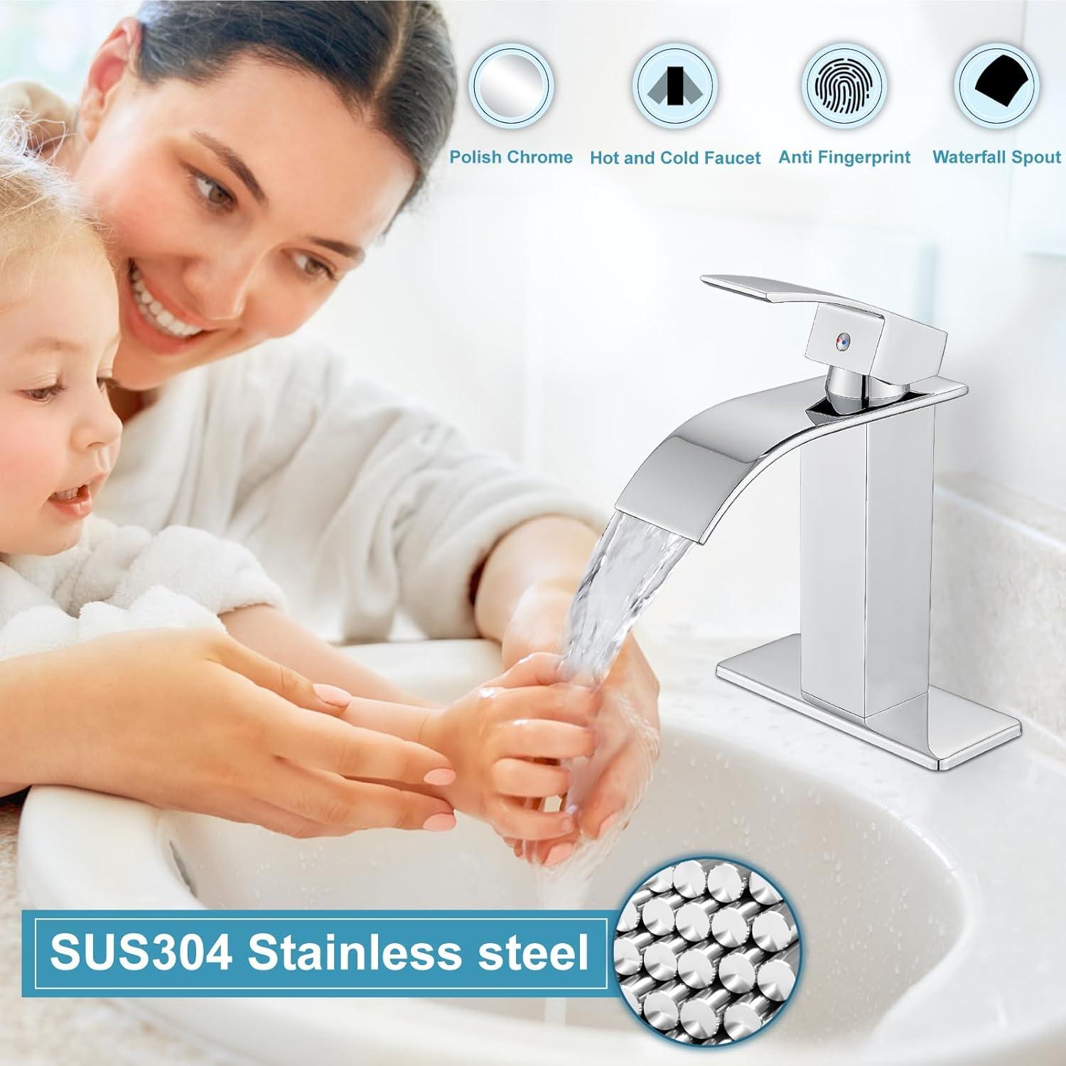 Midanya Waterfall Spout Bathroom Faucet Single Handle 1 Hole Bathroom Sink Faucet,Modern RV Lavatory Vanity Basin Tap with Water Hose,Short Body,Polish Chrome