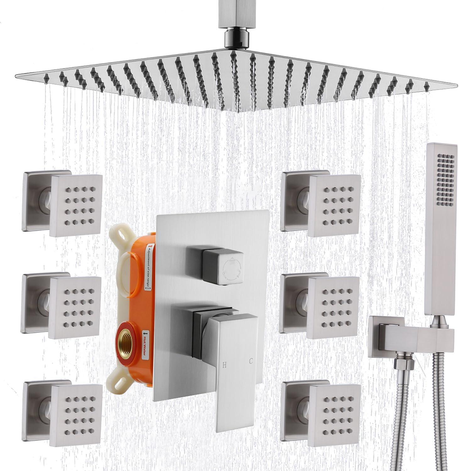 3-Function Ceiling Mounted Thermostatic Rainfall Shower System with 6 Body Jets and Rough-in Valve