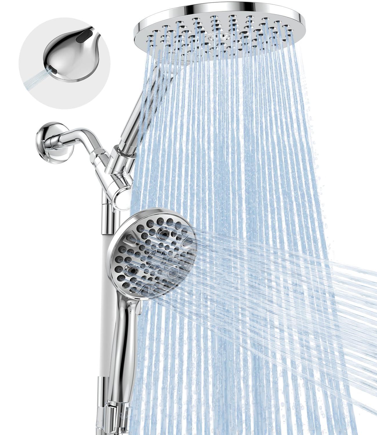 Dual Handheld Shower Head Combo, 2-in-1 Rain Shower Heads System 8 Inch Rainfall Shower Head and 10 Modes High Pressure Hand Held Showerhead with Built-in Power Wash