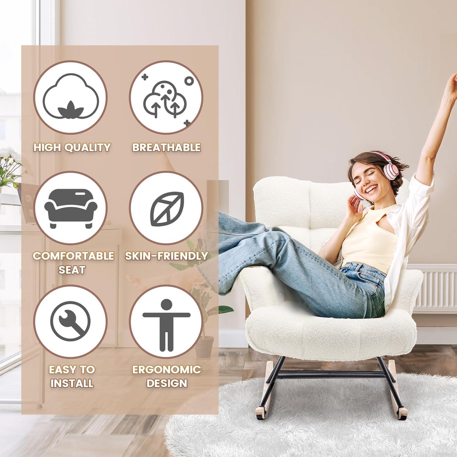 Nursery Rocking Chair Teddy, Upholstered Glider Rocker with High Backrest, Comfortable Stylish Accent Armchair with Padded Seat for Living Rooms, Bedrooms, Offices