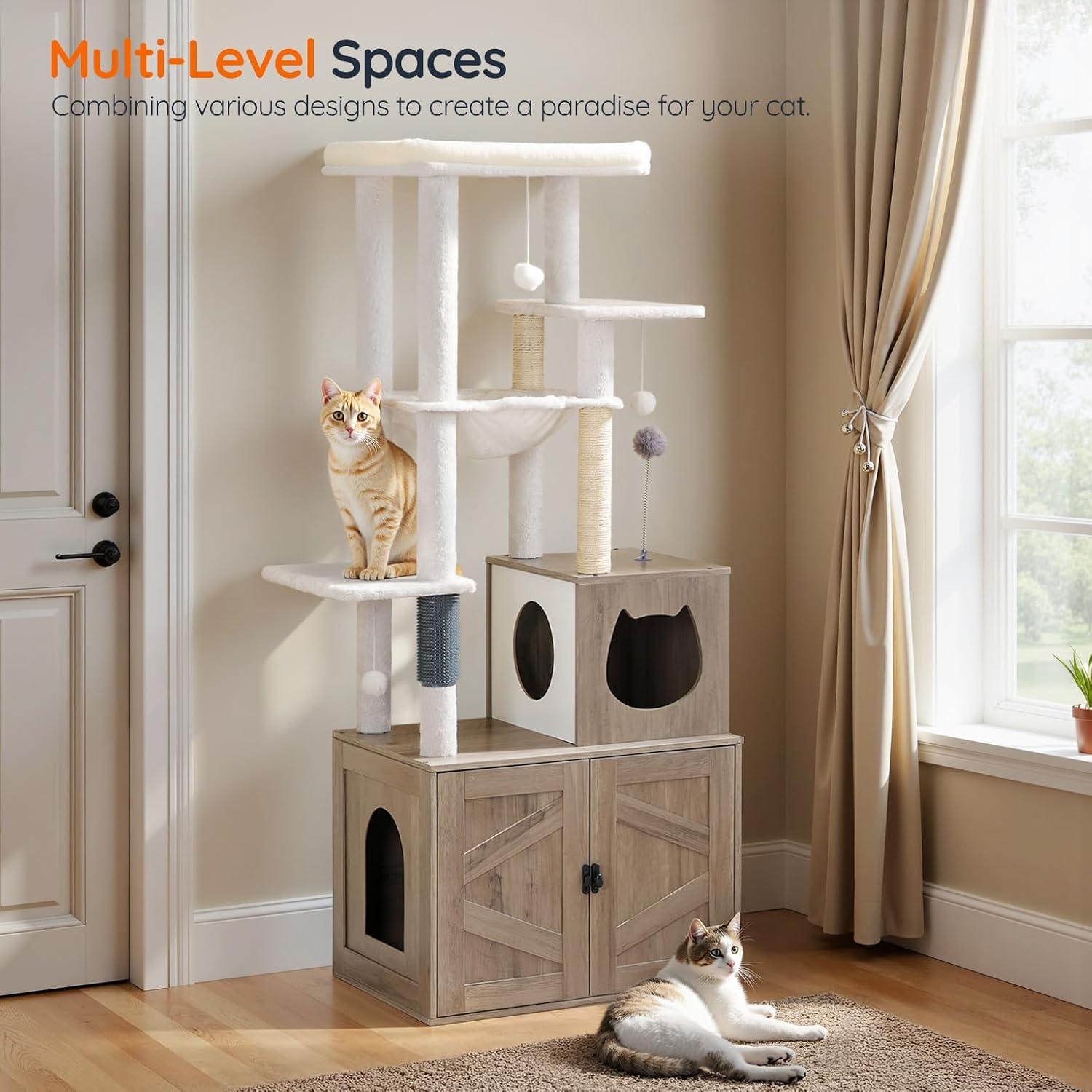 Litter Box Enclosure with Cat Tree, 2-in-1 Cat Tree Tower, Hidden Cat Litter Box Furniture with Scratching Post, Modern Cat Condo, Grey
