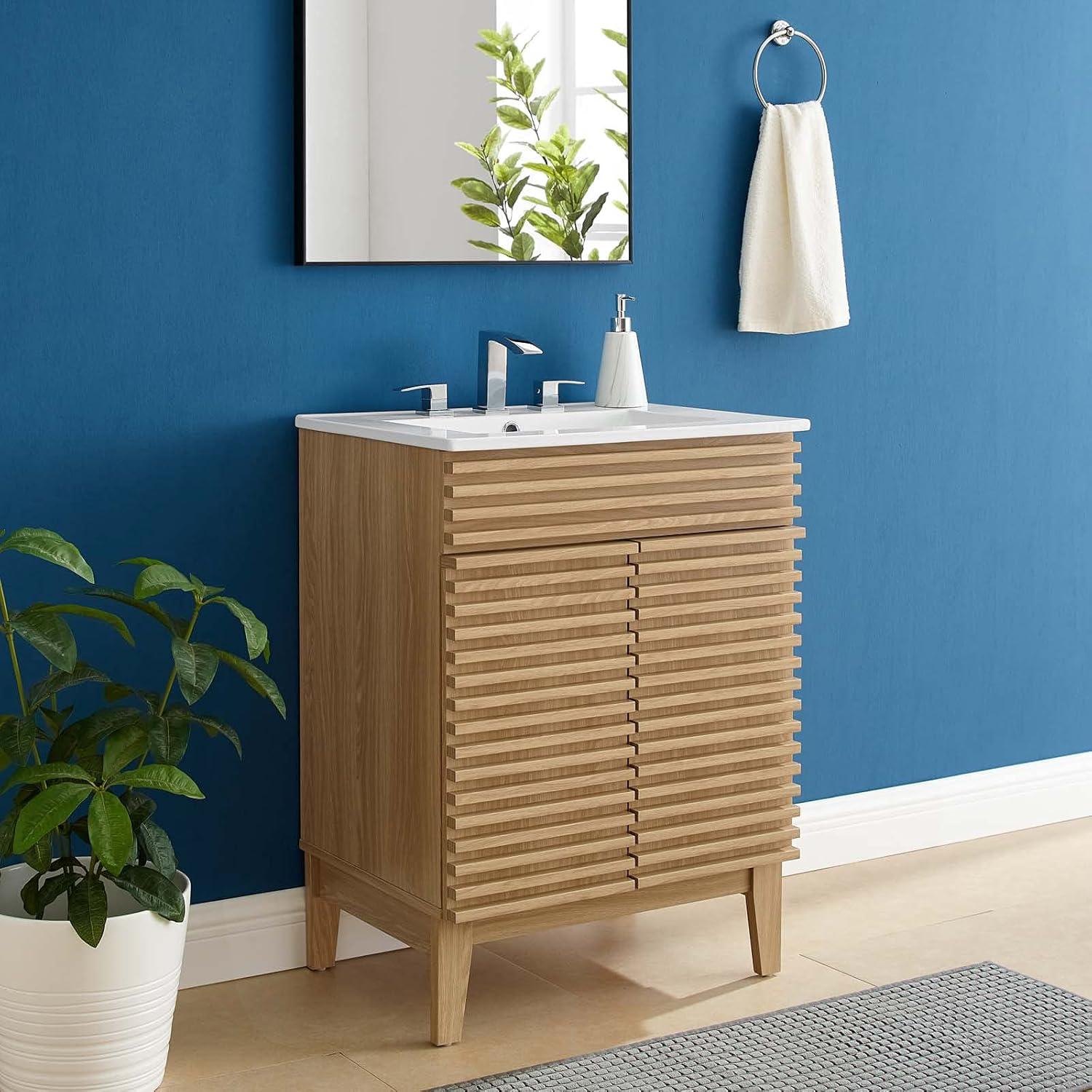 Modway Render Modern Style Wood Bathroom Vanity in Oak and White