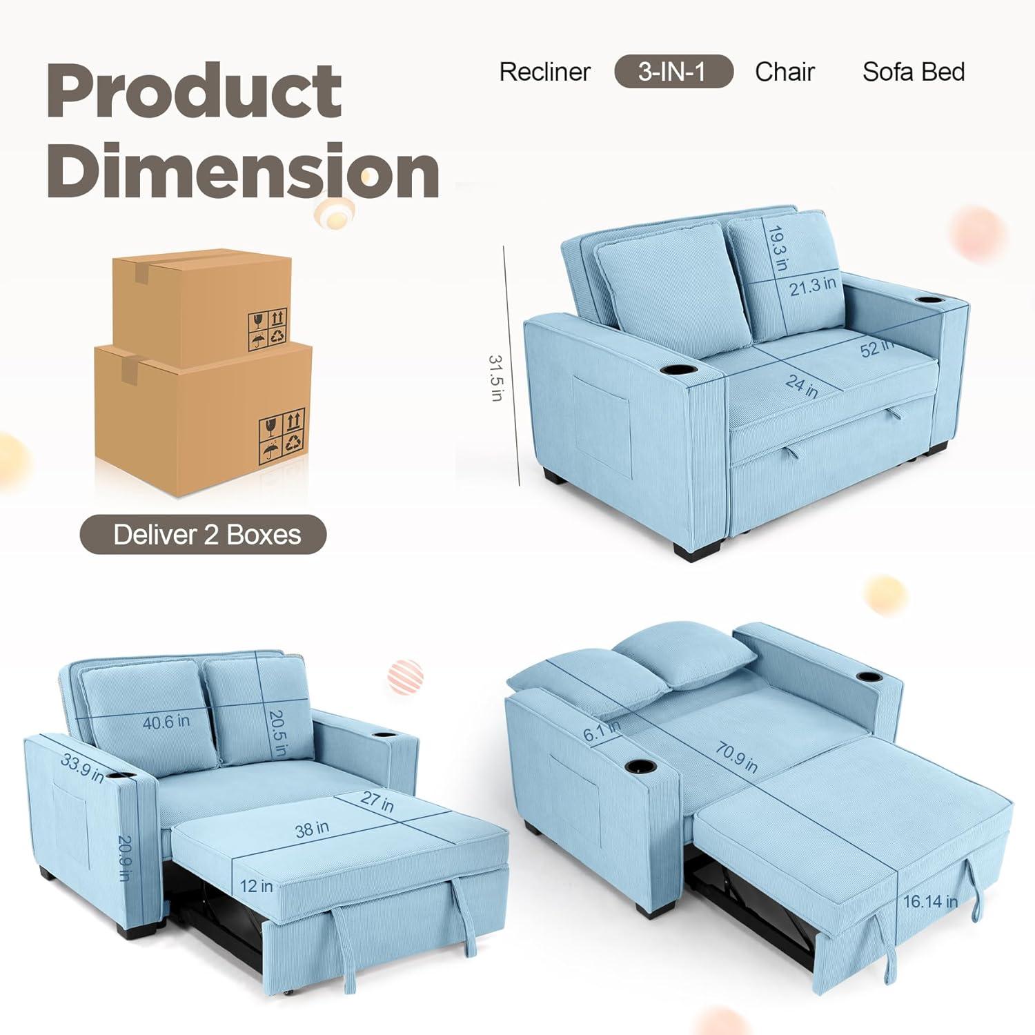 Ebern Designs Meit 49"W Convertible Sleeper Sofa 3-In-1 Reclining Sofa Bed Pull Out Couch Bed