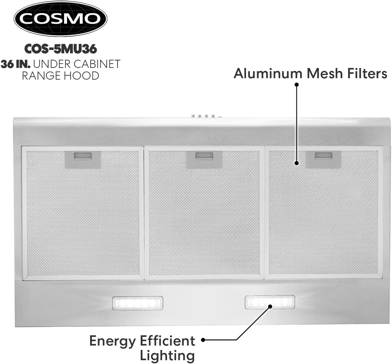 Cosmo 36" Stainless Steel 220 CFM Ducted (Vented) Under Cabinet Range Hood with Charcoal Filter