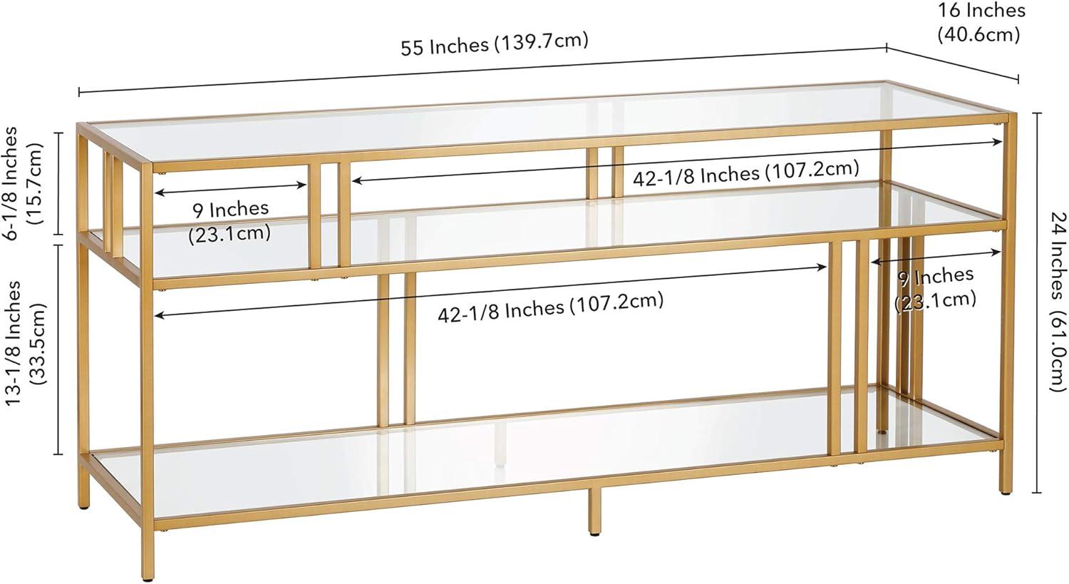 Evelyn&Zoe Cortland 48" Wide Rectangular Console Table with Glass Shelves, Brass