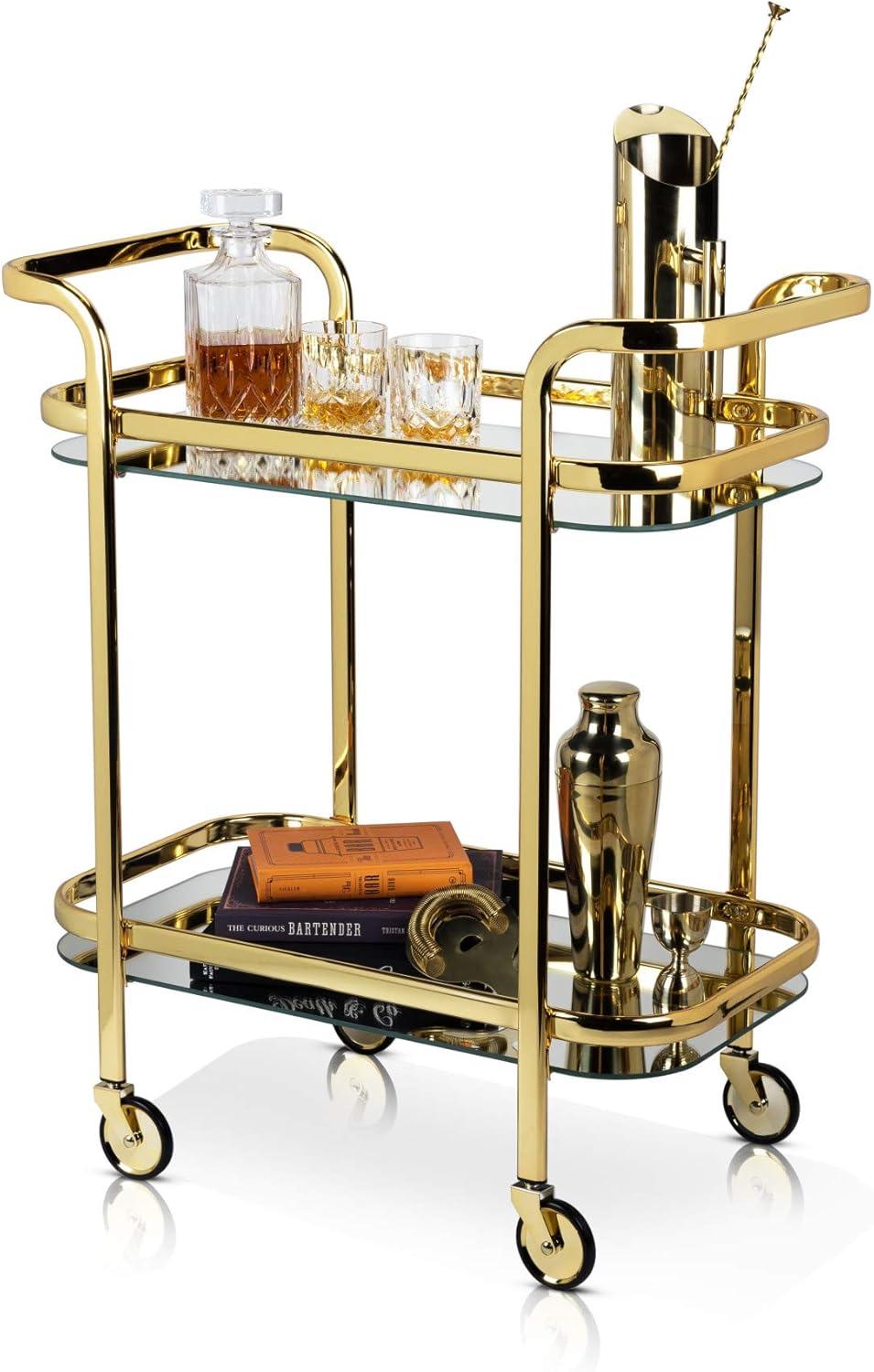 Viski Stainless Steel Kitchen & Bar Cart w/ Wheels & Mirror Shelves, Gold Finish