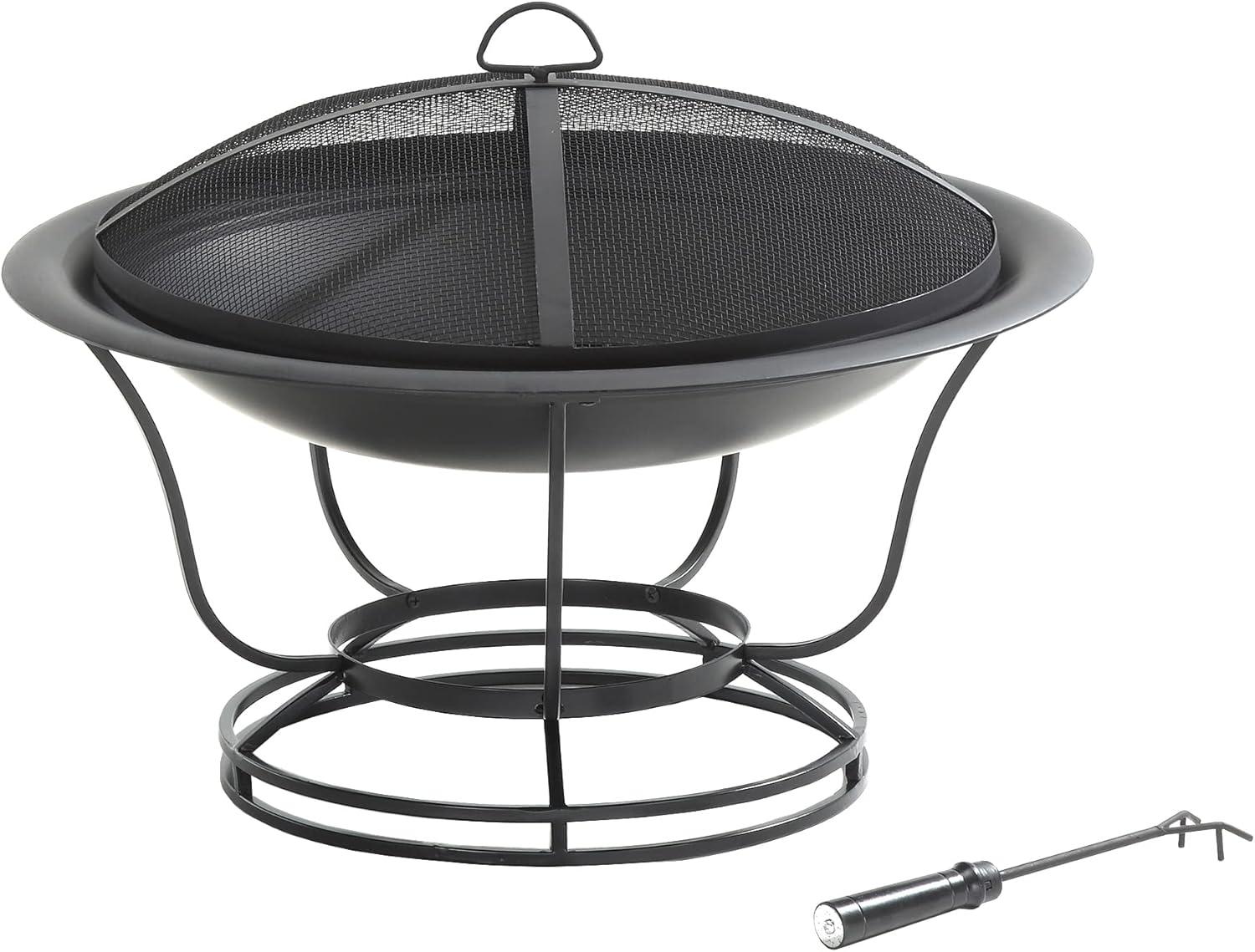 Buckner Firepit - Black - Crosley: Steel Construction, Mesh Guard, Poker & Cover Included