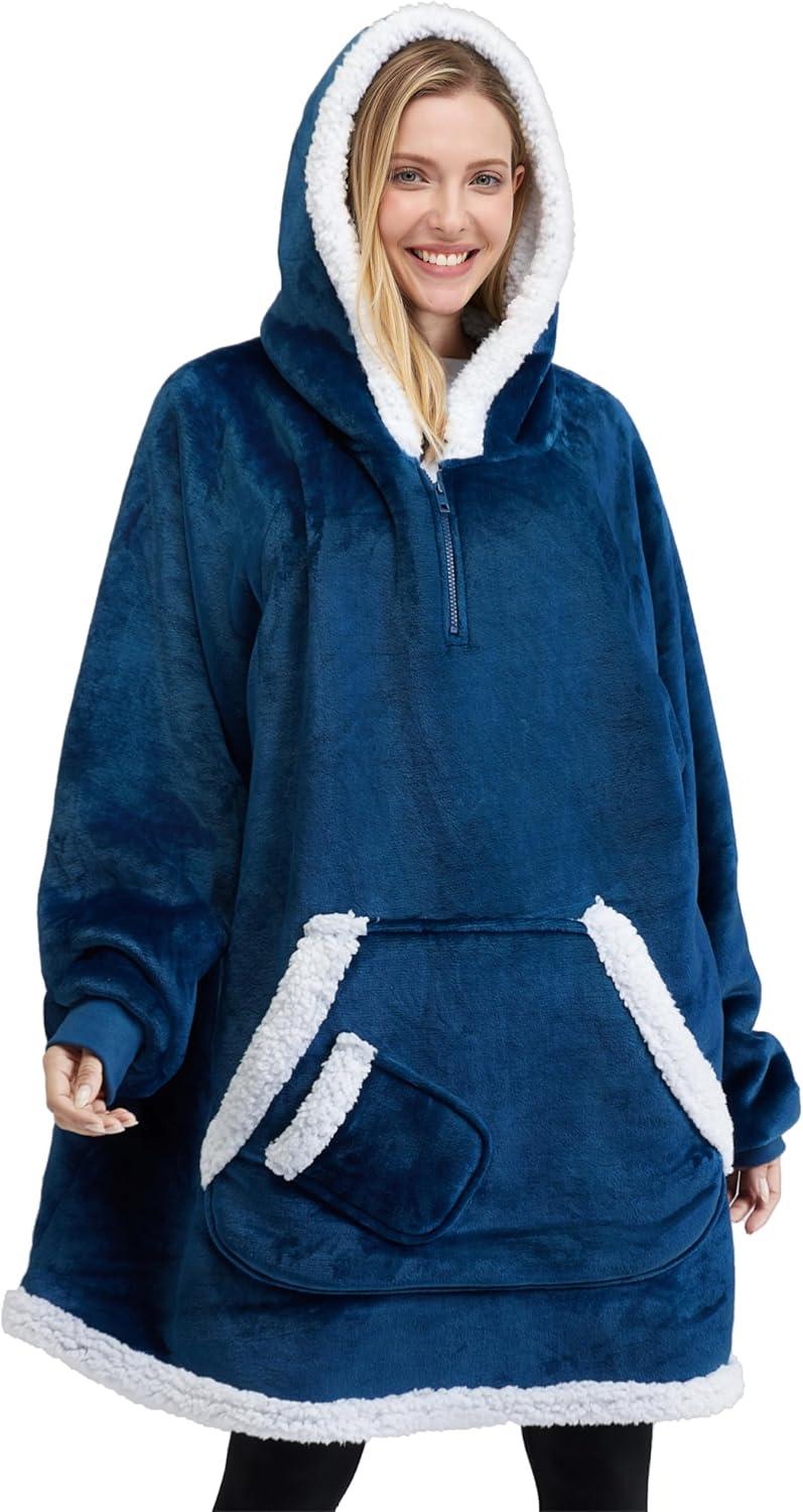 Giggling Getup Wearable Blanket Hoodie for Women Men - Oversized Flannel Sherpa Fleece Hooded Blanket - Soft Cozy Warm Blanket Sweatshirt Gifts with Giant Pocket and Sleeves for Adult Navy