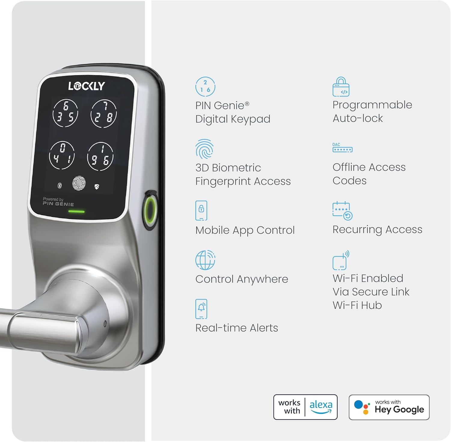 Lockly Secure Pro Latch Wi-Fi Smart Locks Satin Nickel Smart Lock Electronic Handle with Wifi Bluetooth and Fingerprint Touchscreen Keypad