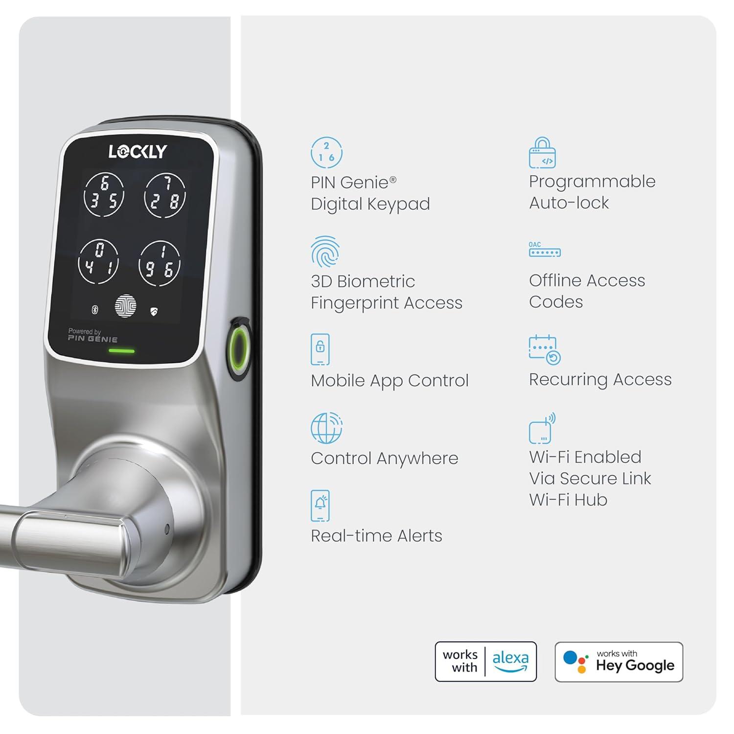 Lockly Secure Plus Bluetooth Smart Door Lock, Keyless Entry with PIN Genie® Digital Keypad, 3D Biometric Fingerprint Sensor Front Door Lock with Handle, Voice Control & Auto Lock - Latch Edition