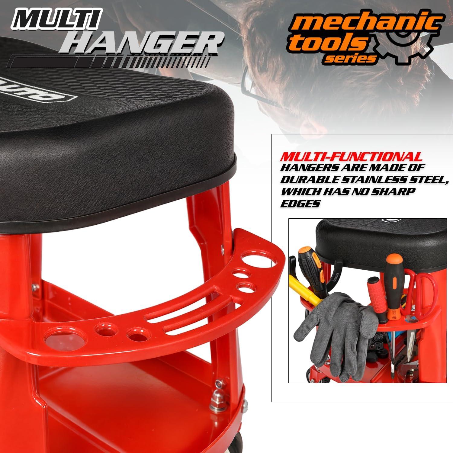 M-AUTO Rectangular Rolling Creeper Garage/Shop Seat Mechanic Roller Stool with Tool Tray Storage, 300 lbs Capacity - Red