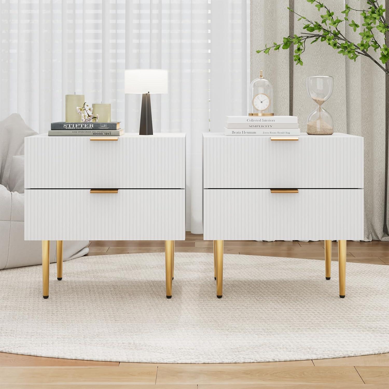 White and Gold Fluted 2-Drawer Nightstand Set