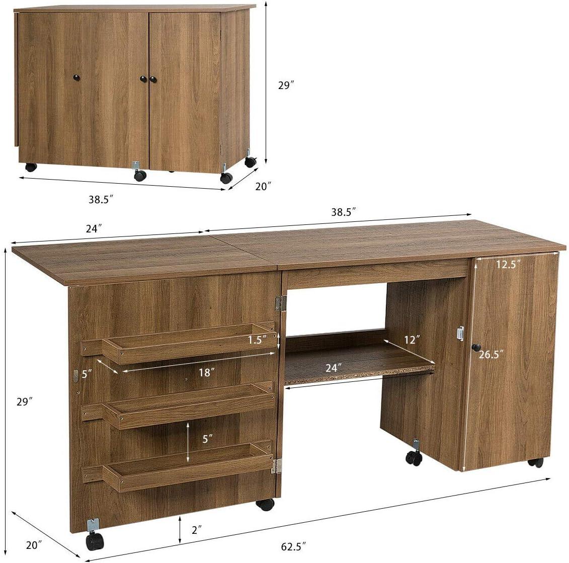 DORTALA Folding Sewing Table, Large Size Craft Cart w/Storage Shelves and Lockable Casters, Rolling Craft Station Sewing Table for Apartment Home, Portable Storage Cabinet for Small Space, Natural