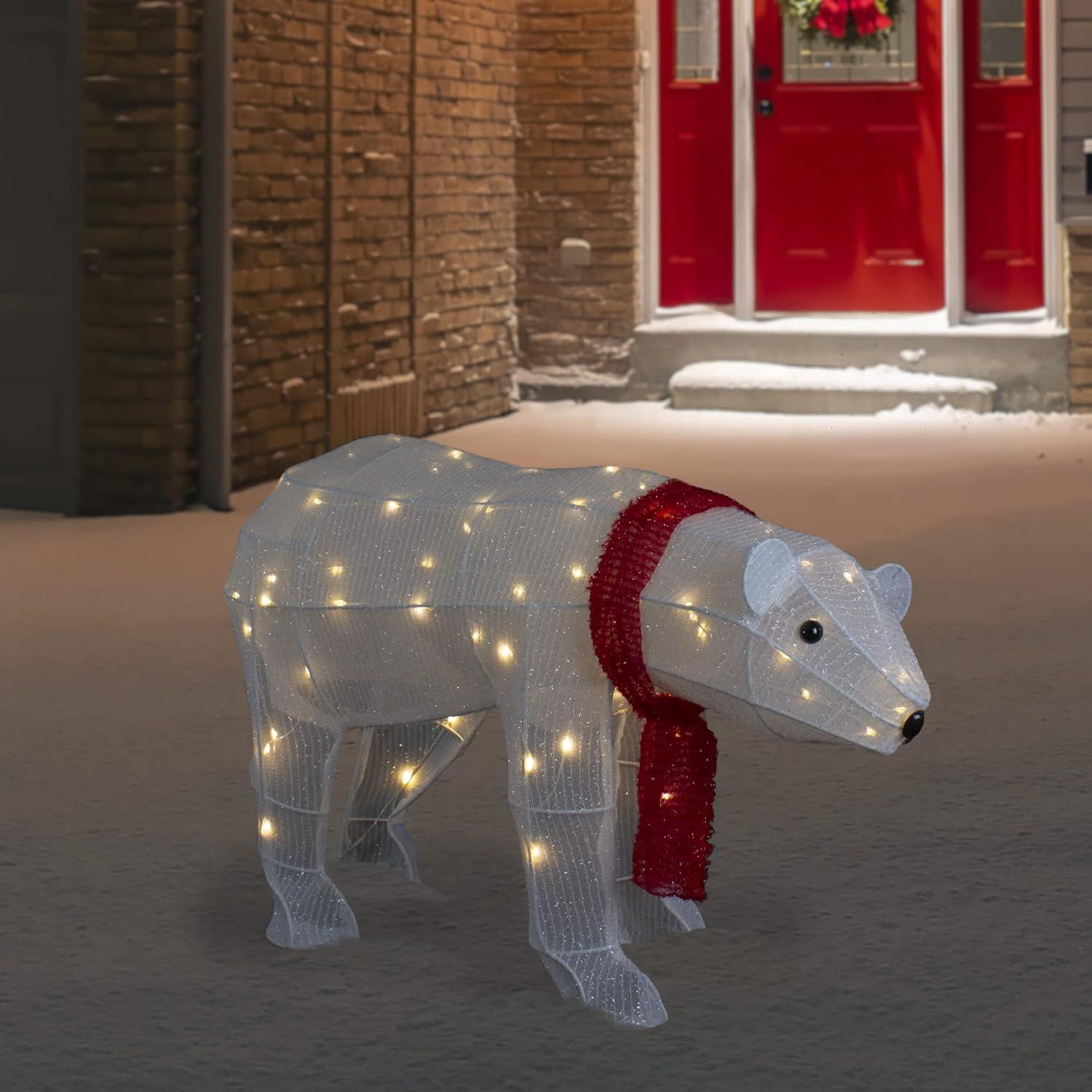 32" LED Lighted Tinsel Polar Bear Outdoor Christmas Decoration