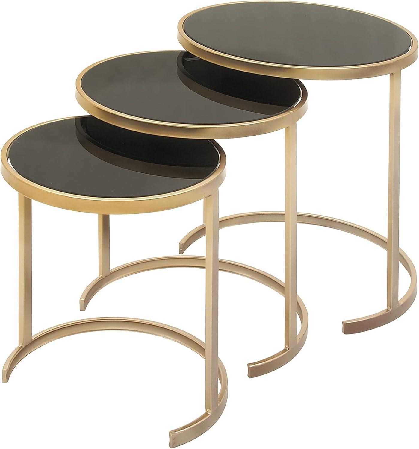 Elegant Gold Metal and Mirrored Glass Round Nesting Tables, Set of 3