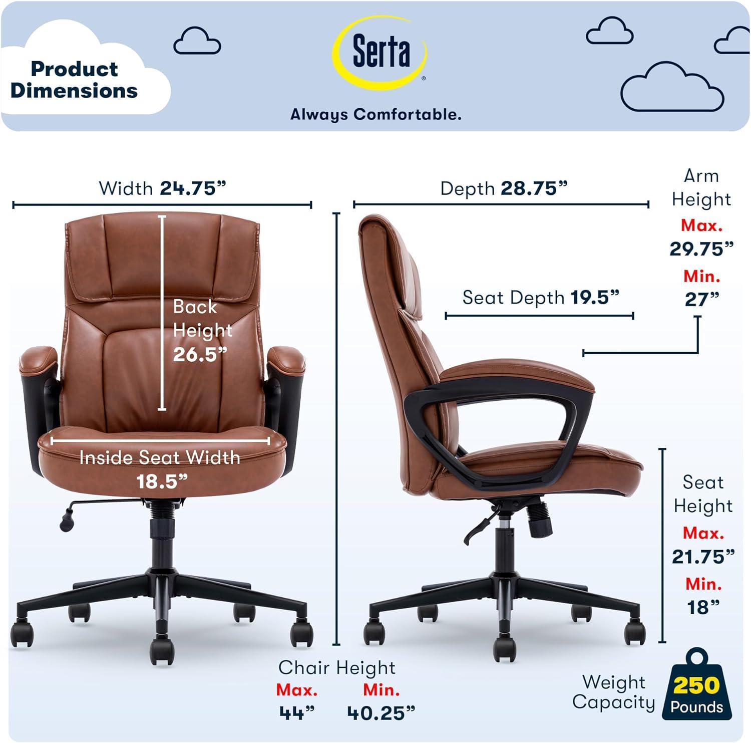 Style Hannah Office Chair Bonded Leather Comfort Cognac - Serta: Ergonomic Lumbar Support, Adjustable Height