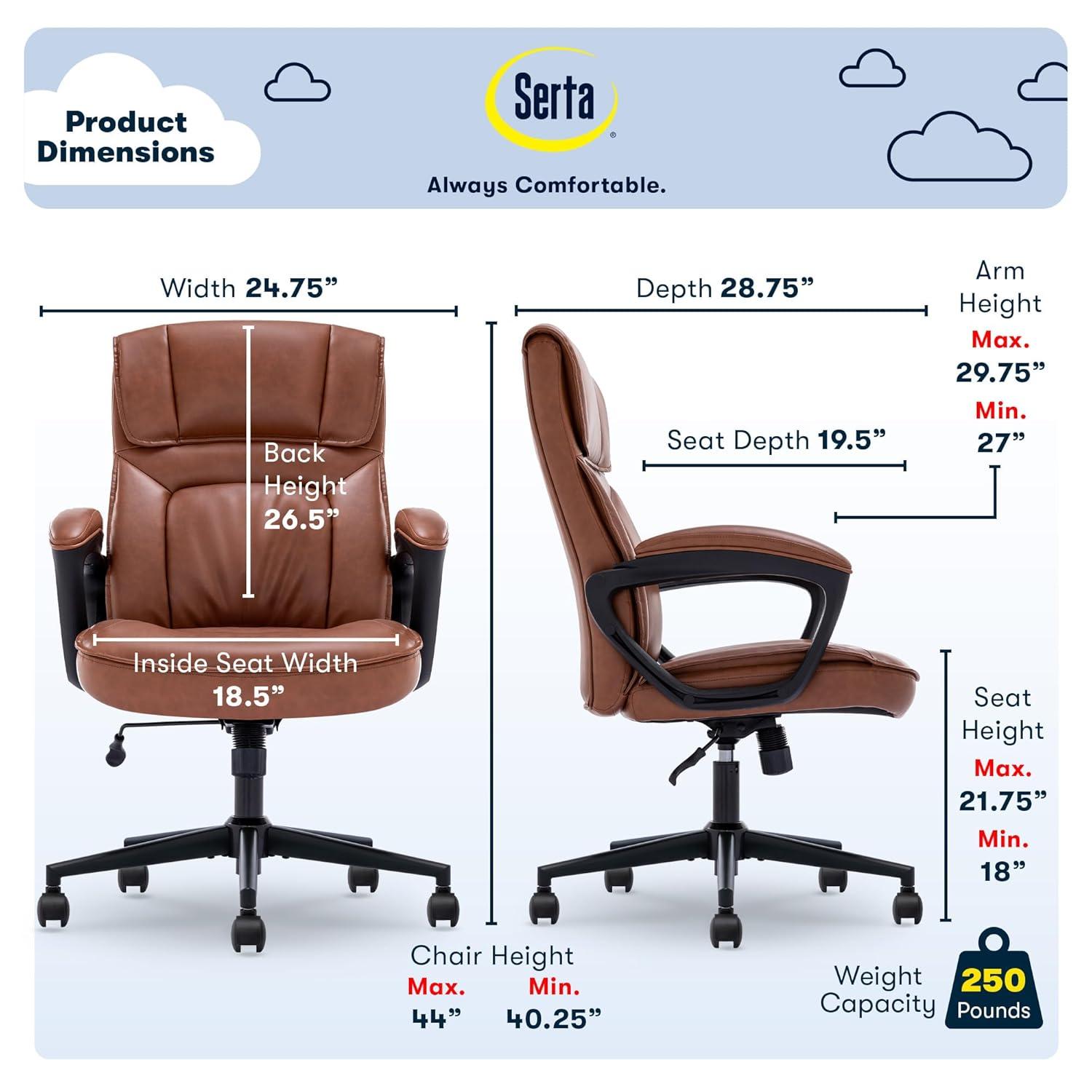Style Hannah Office Chair Bonded Leather Comfort Cognac - Serta: Ergonomic Lumbar Support, Adjustable Height