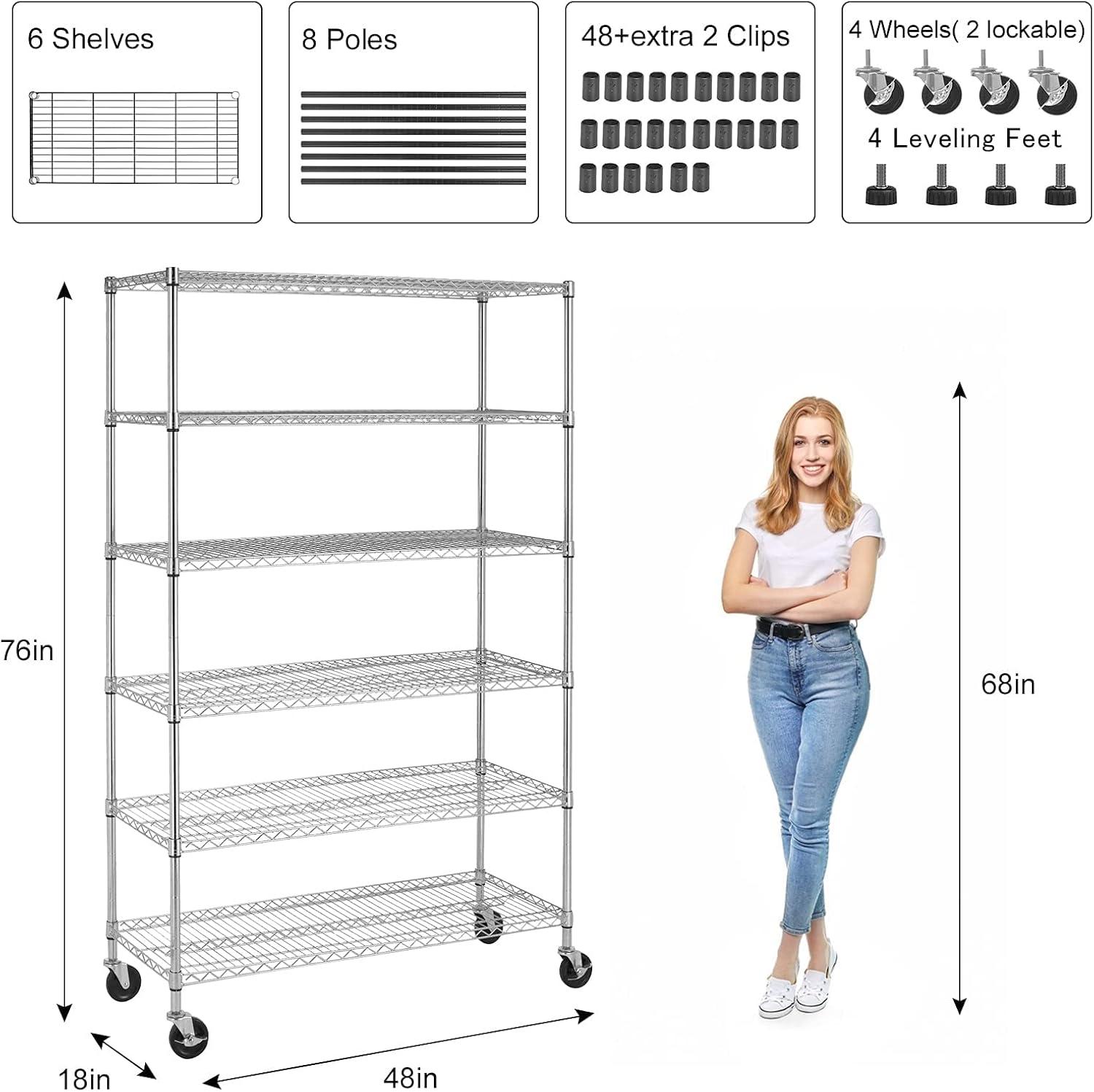 Chrome Heavy Duty Adjustable 6-Tier Metal Storage Rack with Wheels